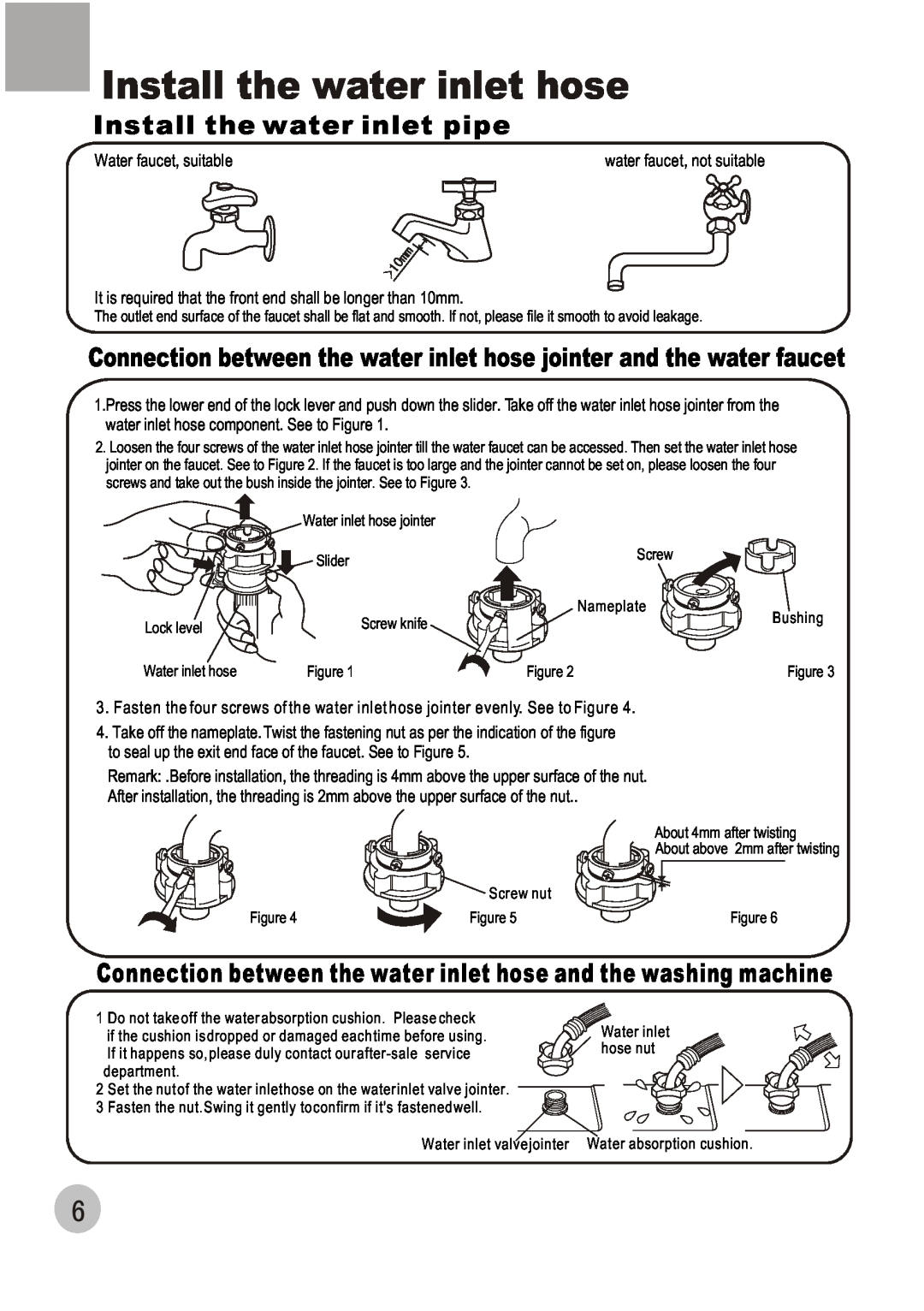 Haier HWM80-68B user manual Install the water inlet hose, Install the water inlet pipe 
