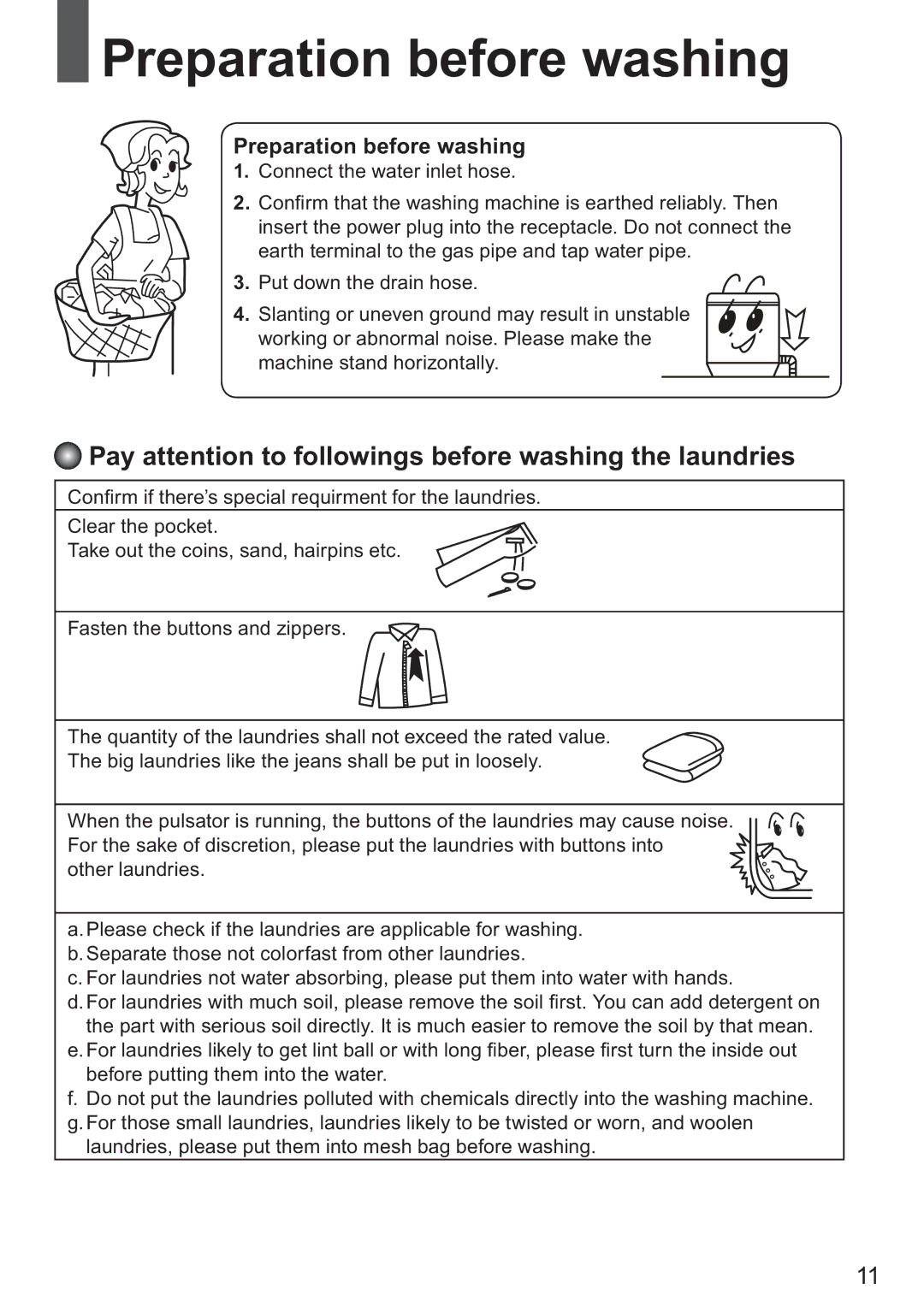 Haier HWM80-928NZP user manual Preparation before washing, Pay attention to followings before washing the laundries 