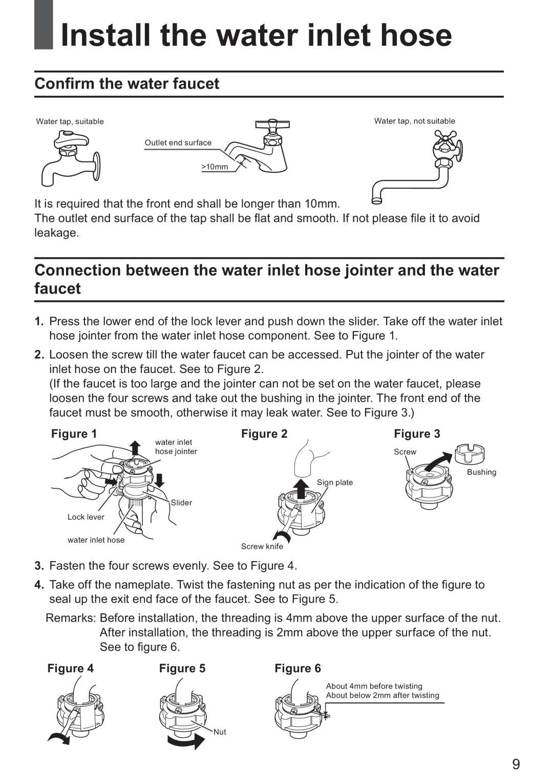 Haier HWM80-928NZP user manual Install the water inlet hose, Conﬁrm the water faucet 