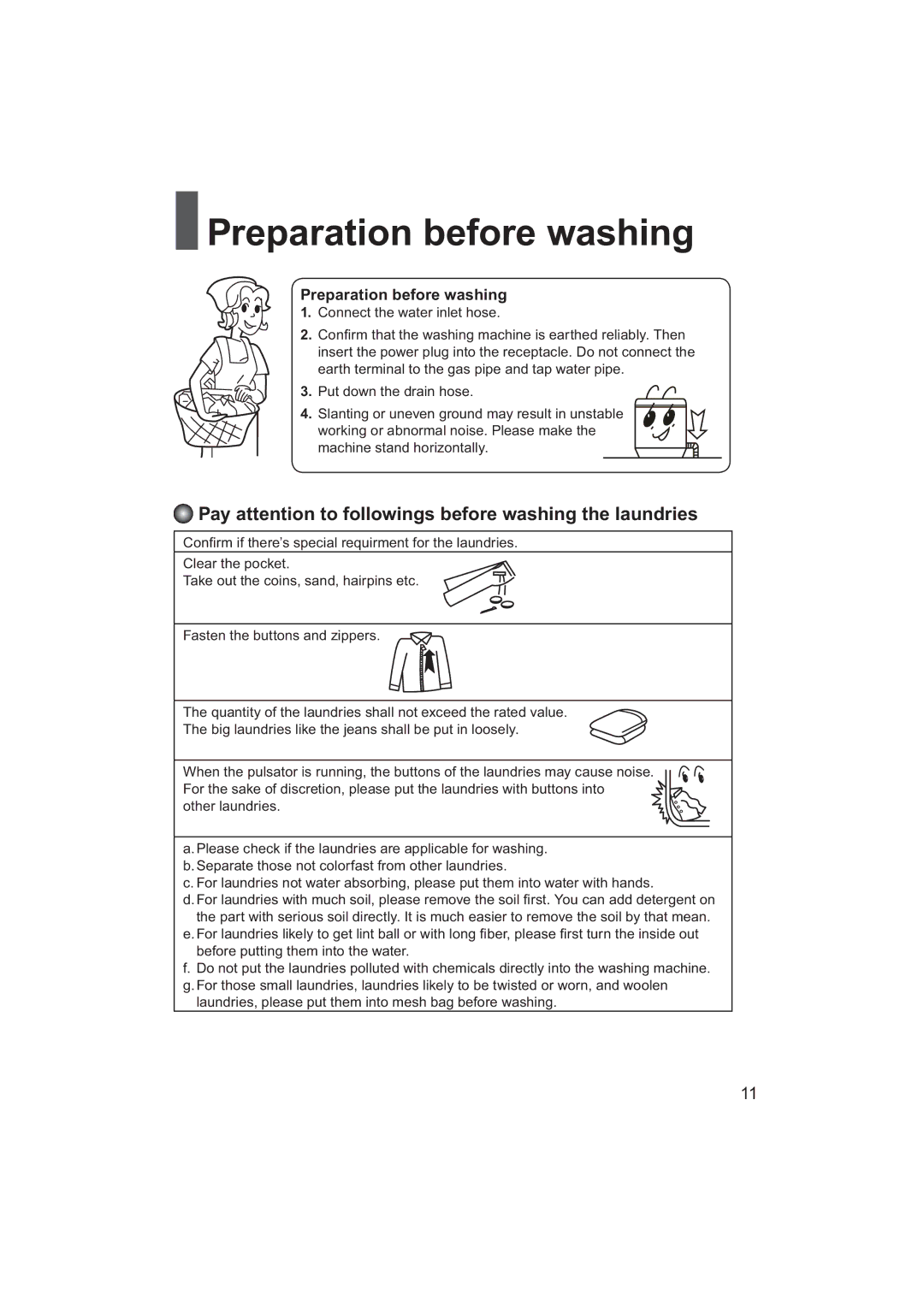 Haier HWM80-928NZP user manual Preparation before washing, Pay attention to followings before washing the laundries 