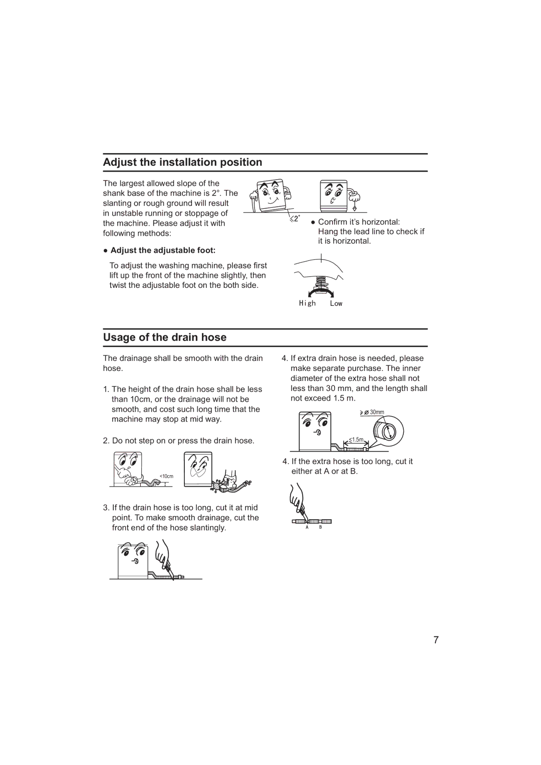 Haier HWM80-928NZP user manual Adjust the installation position, Usage of the drain hose 