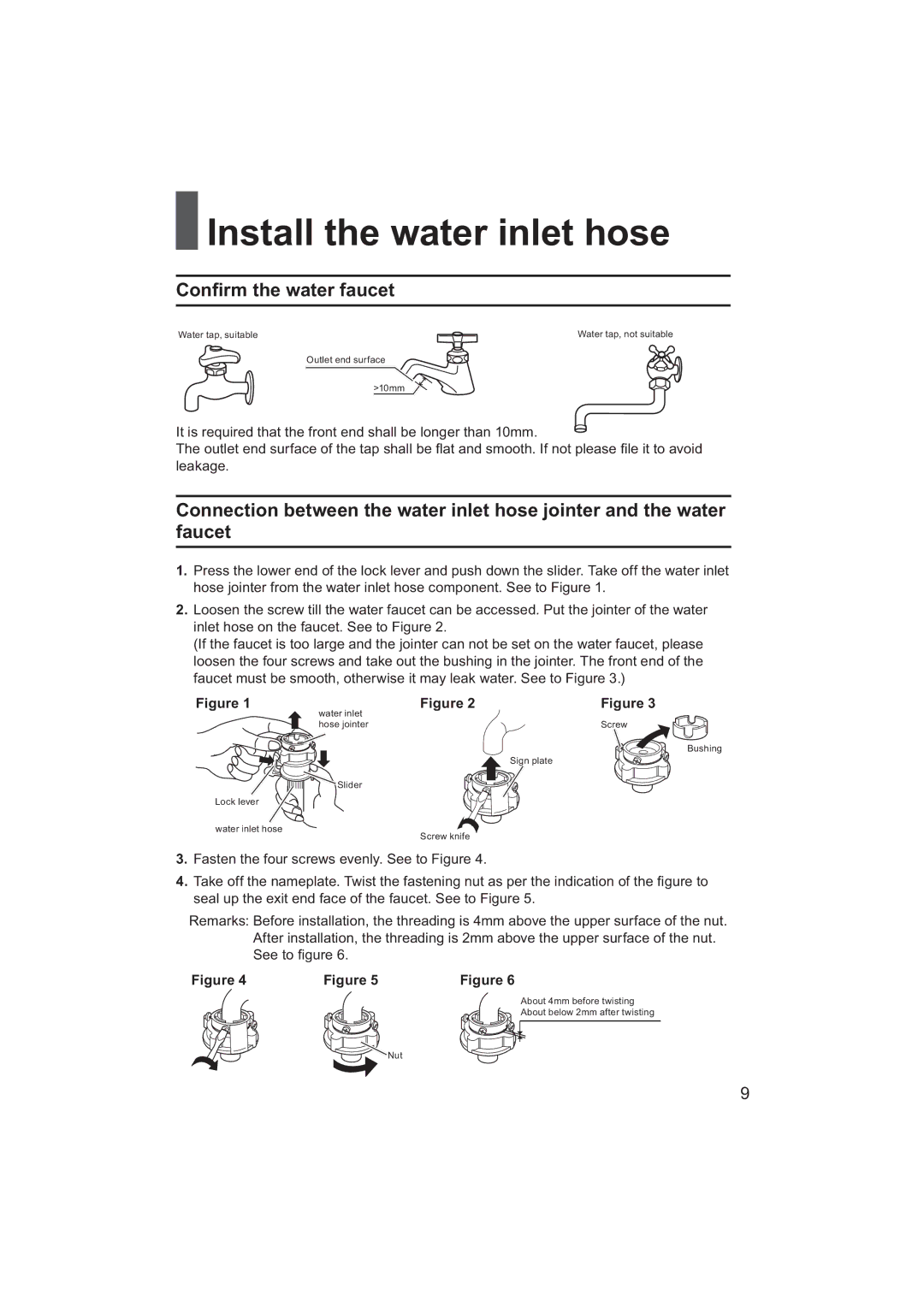 Haier HWM80-928NZP user manual Install the water inlet hose, Conﬁrm the water faucet 