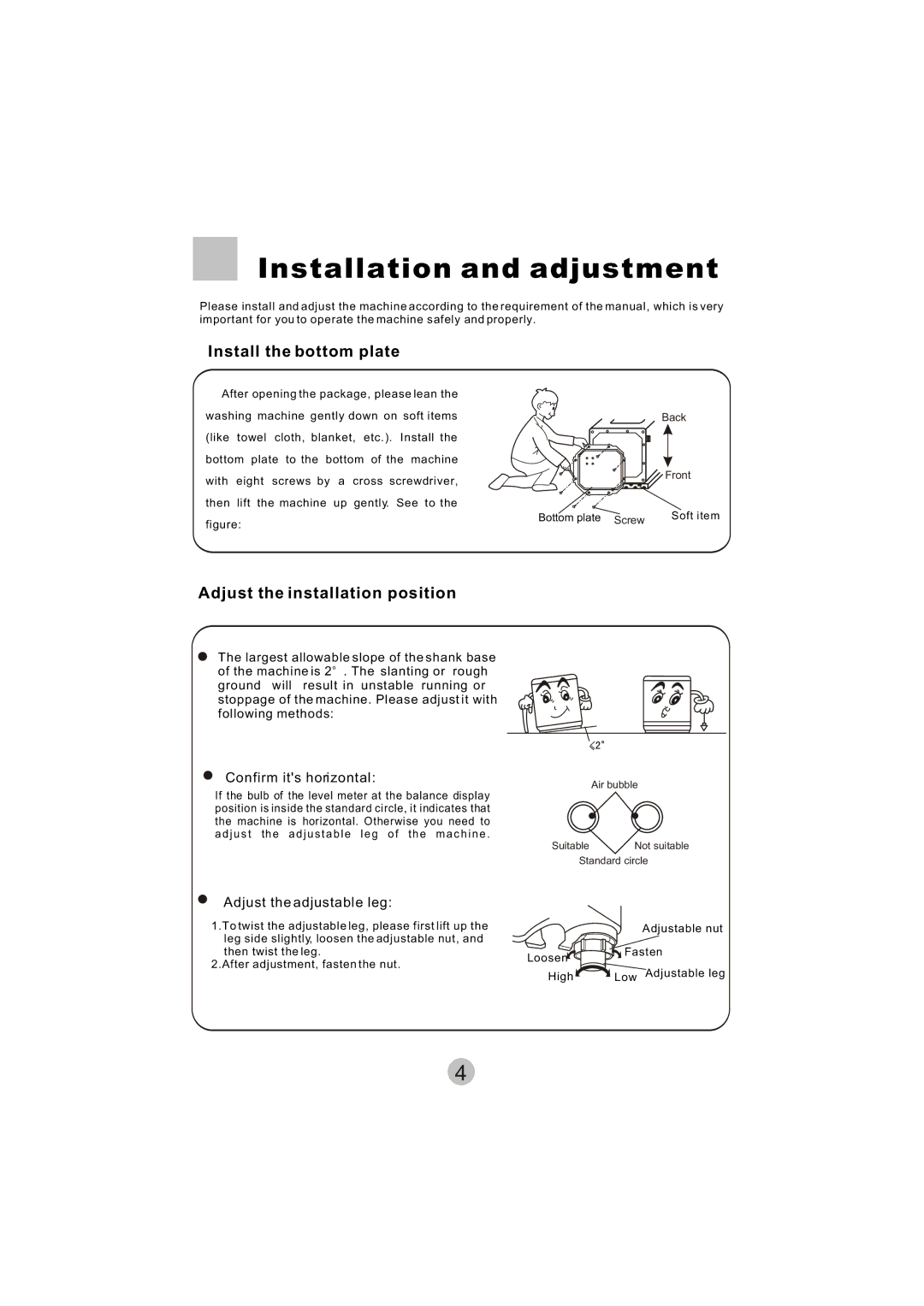 Haier HWM8000 user manual Installation and adjustment, Confirm its horizontal, Adjust the adjustable leg 