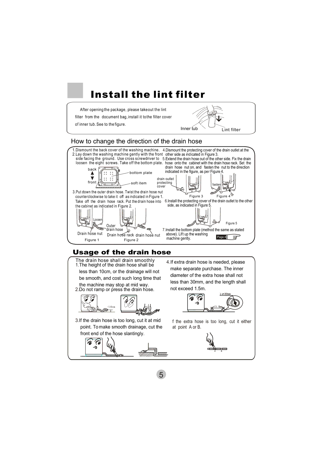 Haier HWM8000 user manual Install the lint filter, Usage of the drain hose 