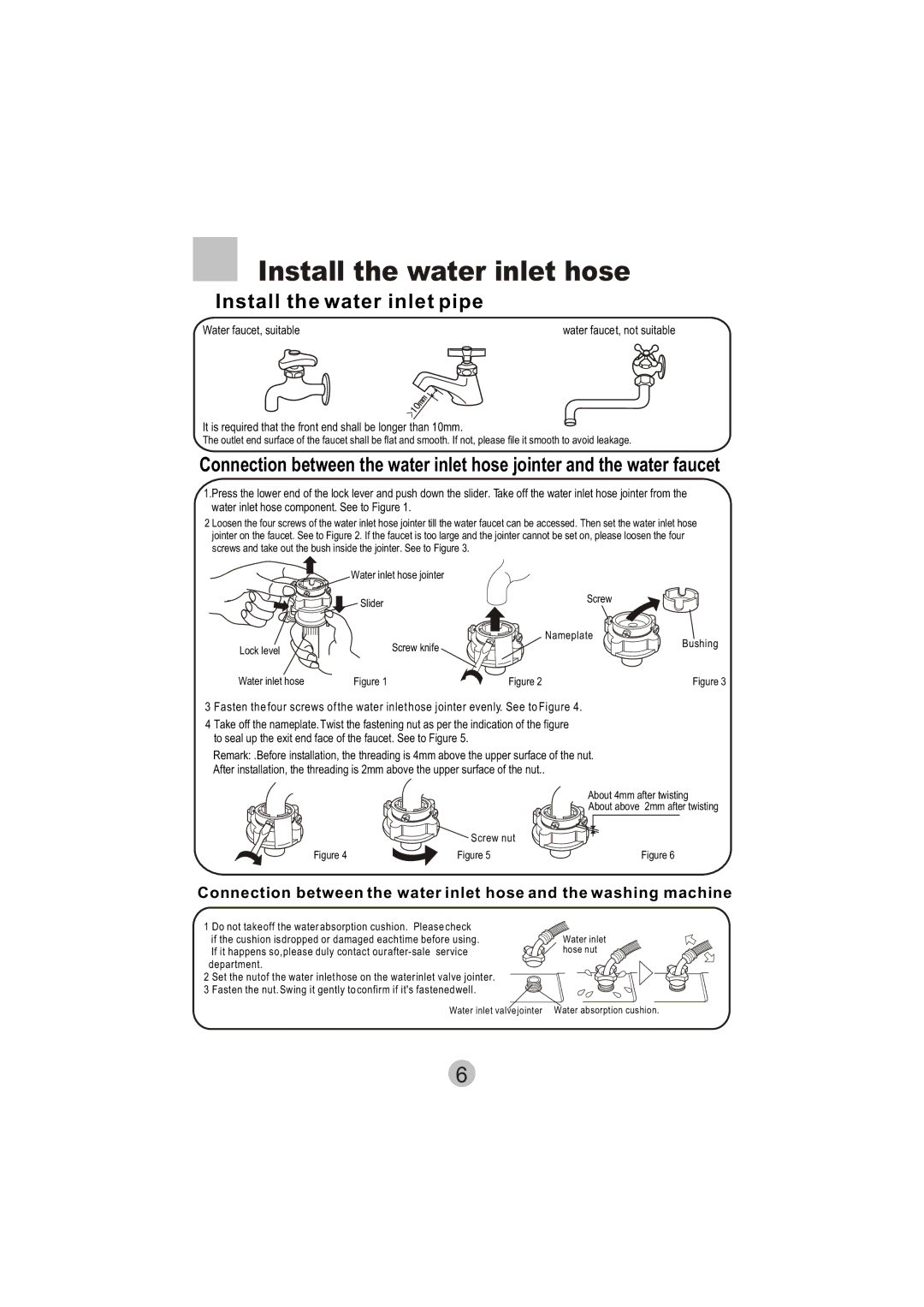 Haier HWM8000 user manual Install the water inlet hose, Install the water inlet pipe 