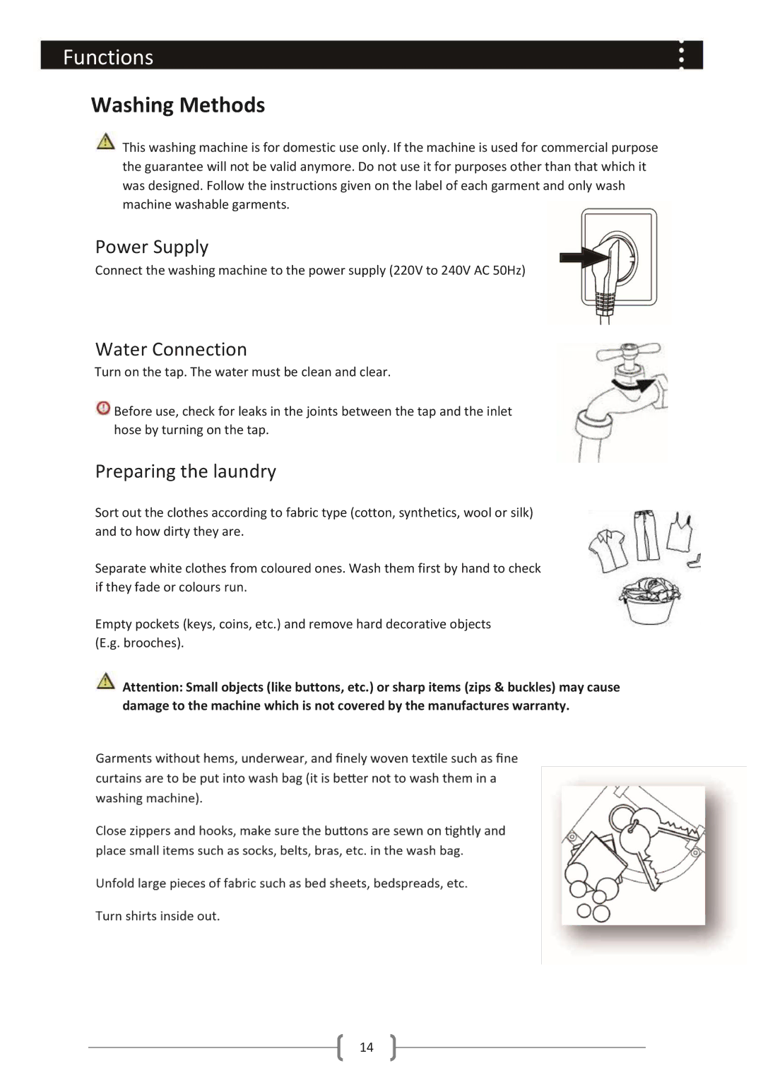 Haier HWM85-1482 user manual Washing Methods, Water Connection 