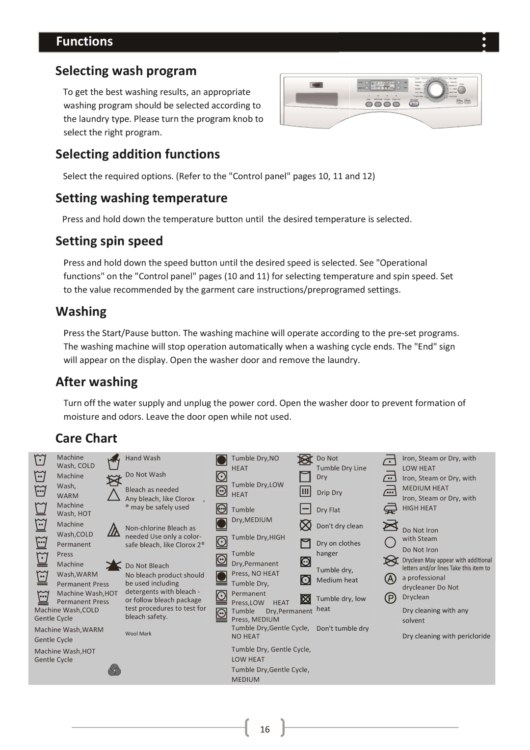 Haier HWM85-1482 Selecting wash program, Selecting addition functions, Setting washing temperature, Setting spin speed 