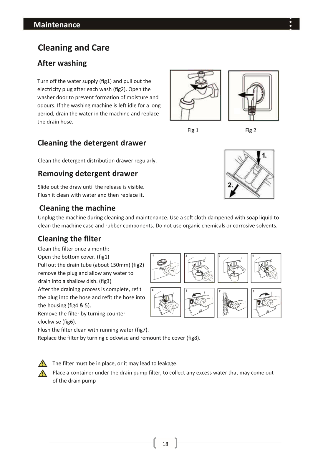 Haier HWM85-1482 Cleaning and Care, Cleaning the detergent drawer, Removing detergent drawer, Cleaning the machine 