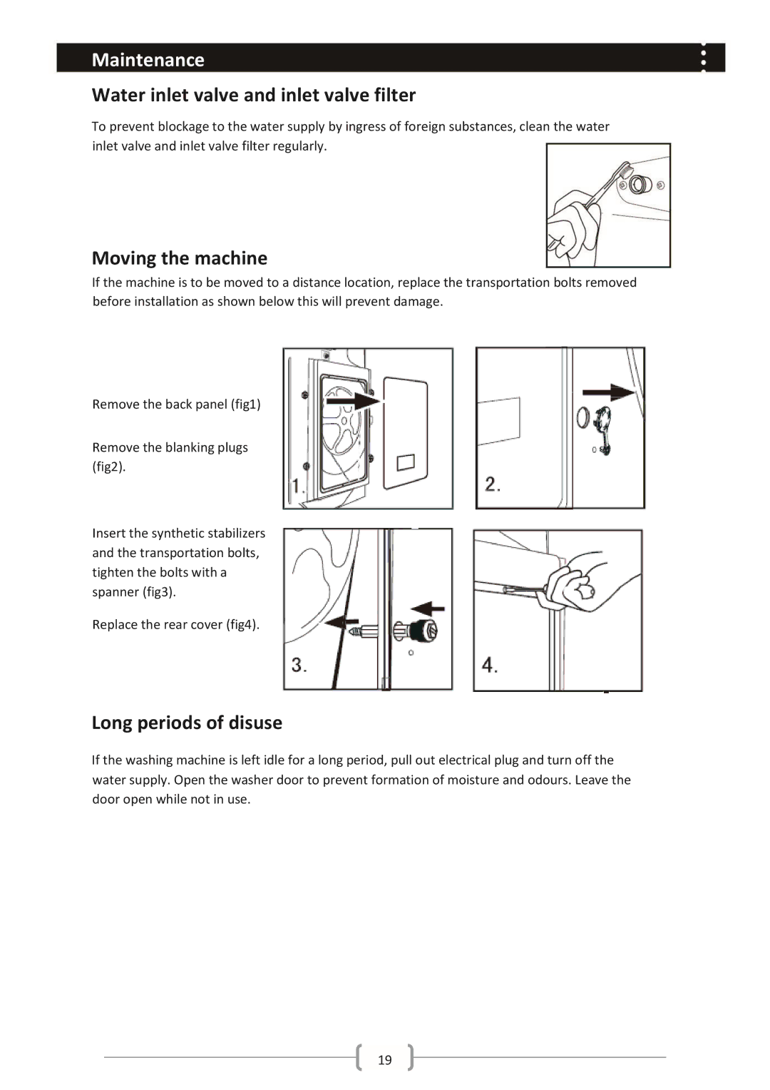 Haier HWM85-1482 user manual Water inlet valve and inlet valve filter, Moving the machine, Long periods of disuse 