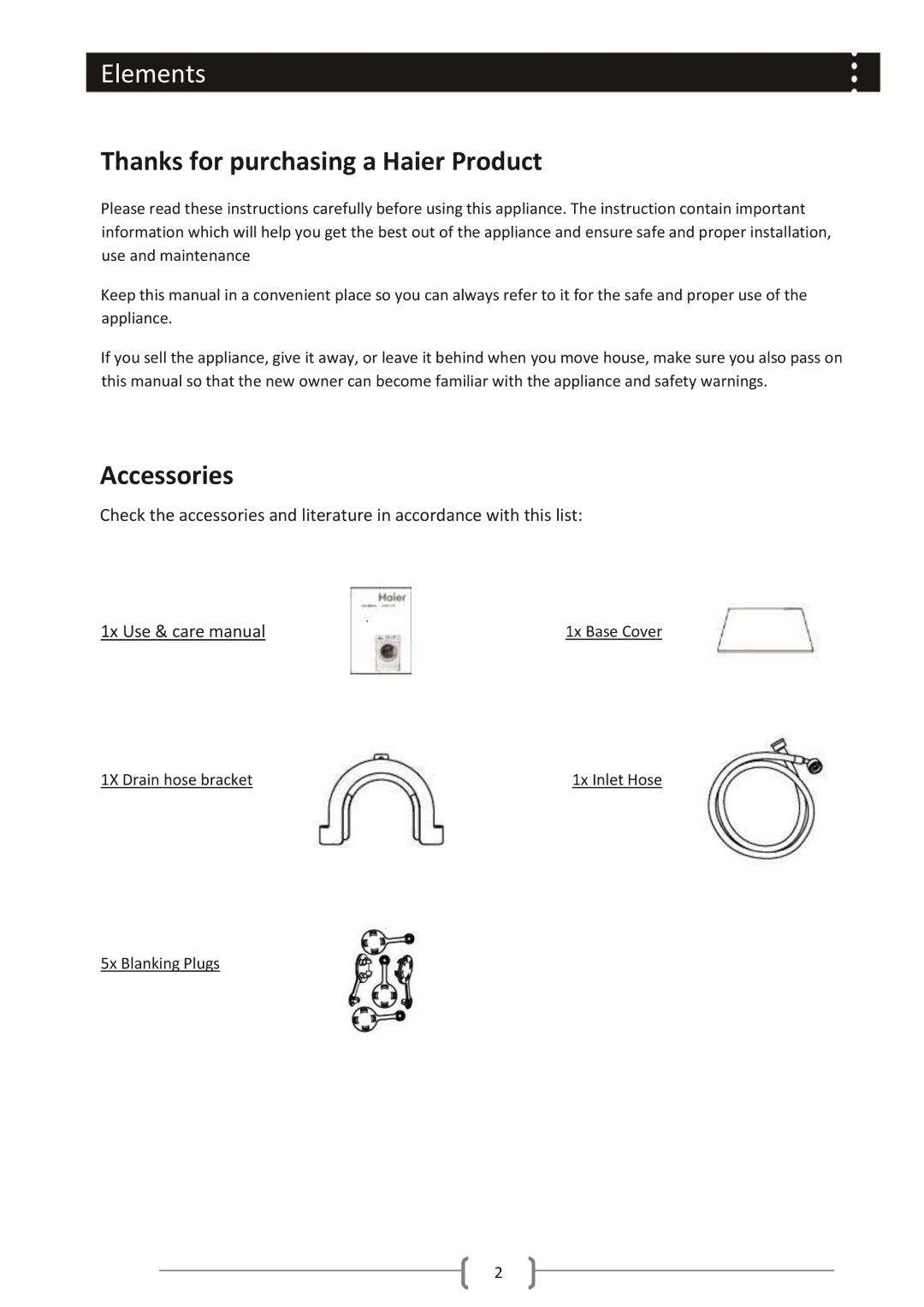 Haier HWM85-1482 user manual Thanks for purchasing a Haier Product, Accessories 