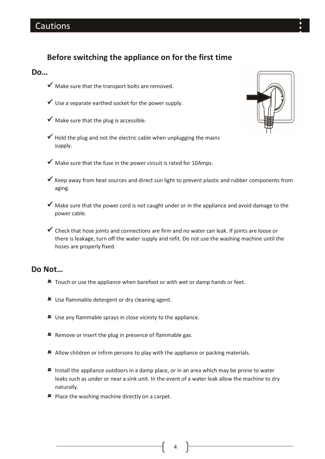 Haier HWM85-1482 user manual Before switching the appliance on for the first time Do…, Do Not… 