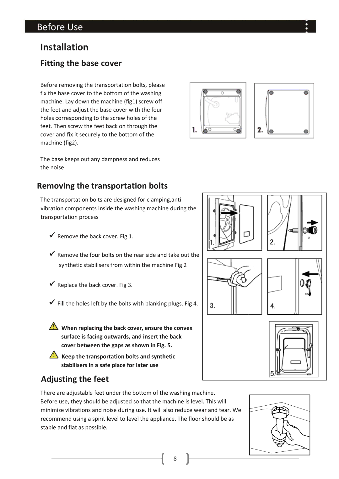 Haier HWM85-1482 user manual Installation, Fitting the base cover, Removing the transportation bolts, Adjusting the feet 