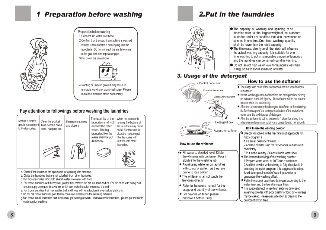 Haier HWM85-728 user manual Preparation before washing, Put in the laundries, How to use the softener 