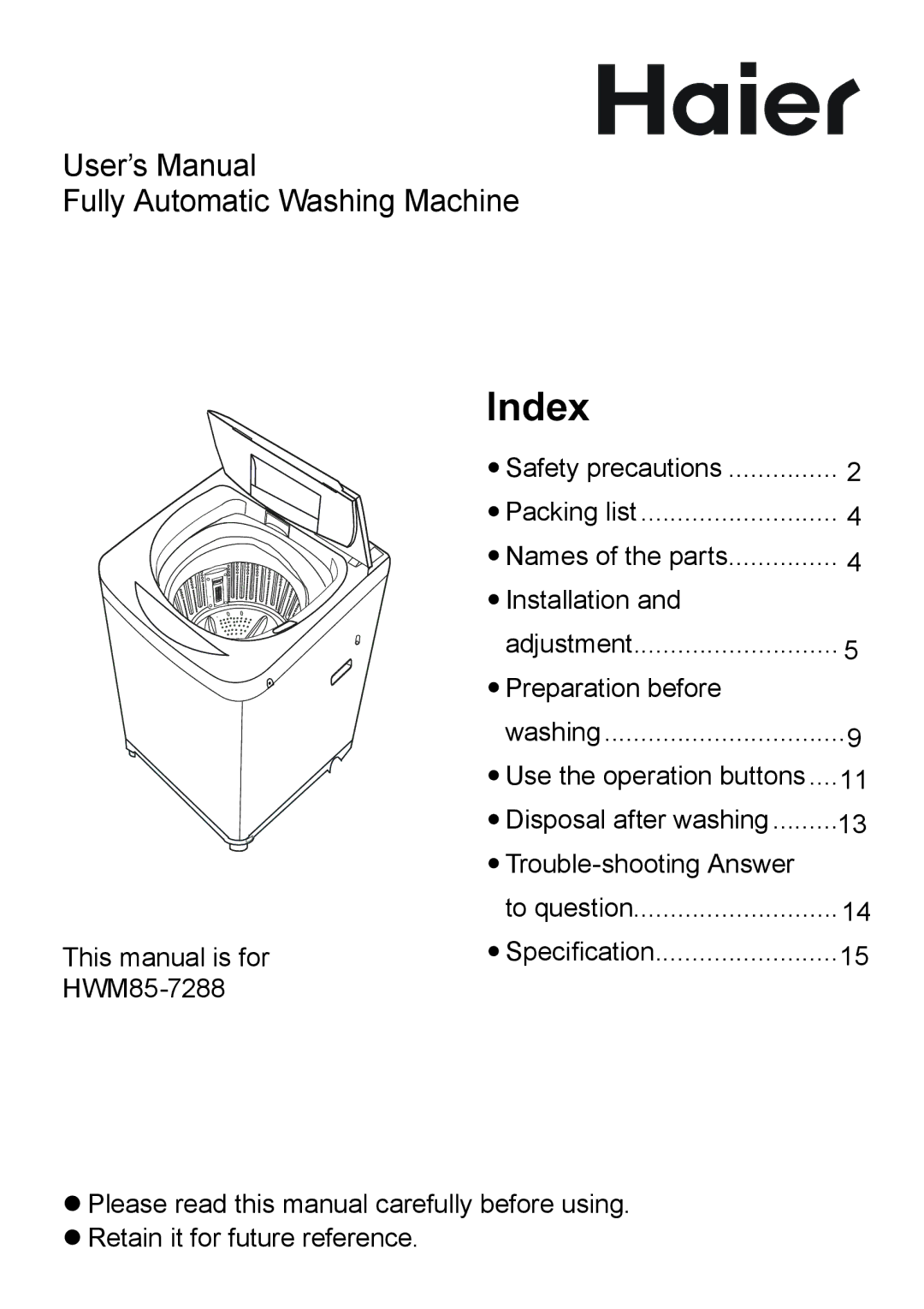 Haier HWM85-7288 user manual Index 