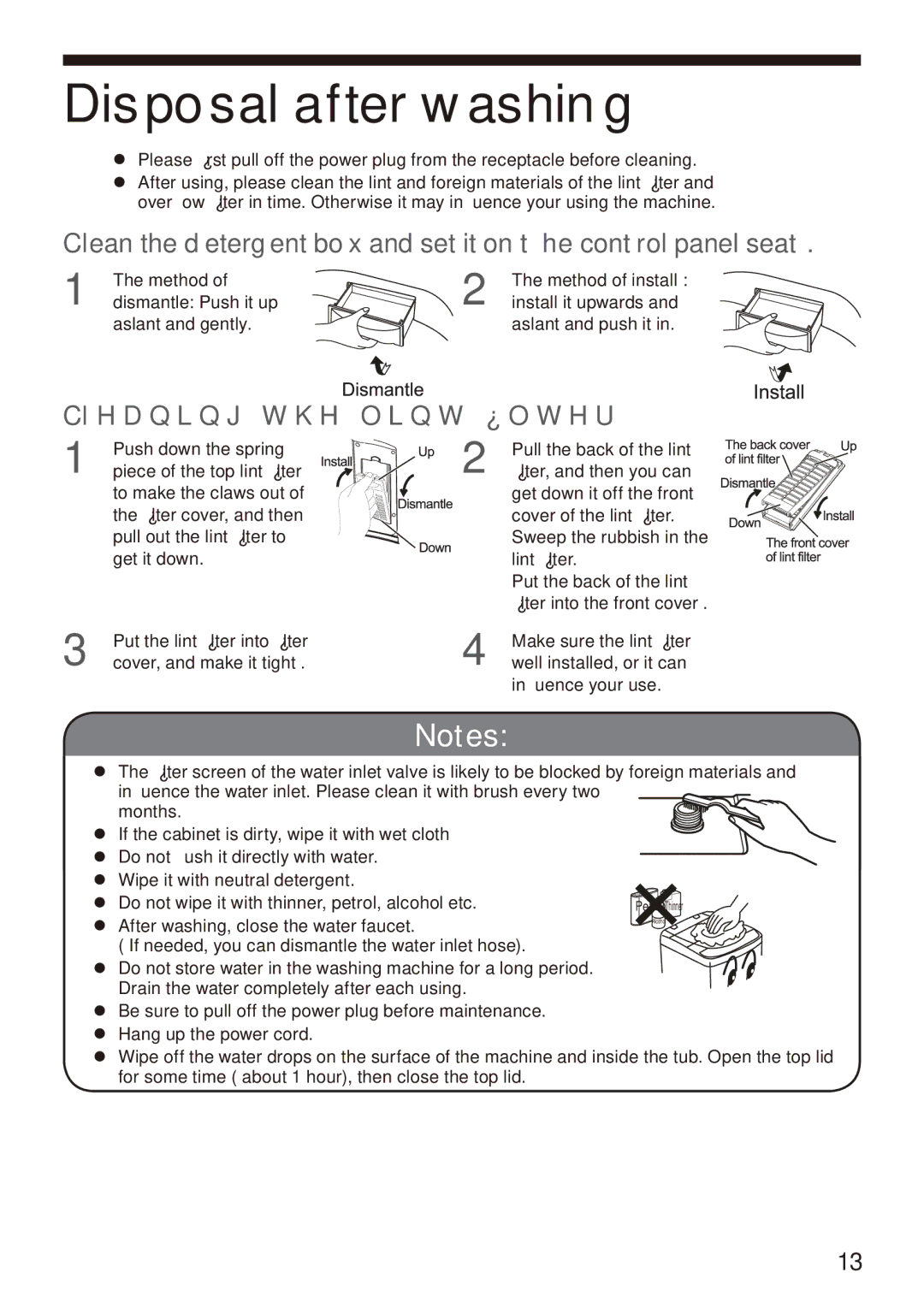 Haier HWM85-7288 user manual Disposal after washing, Cleaning the lint ﬁlter 