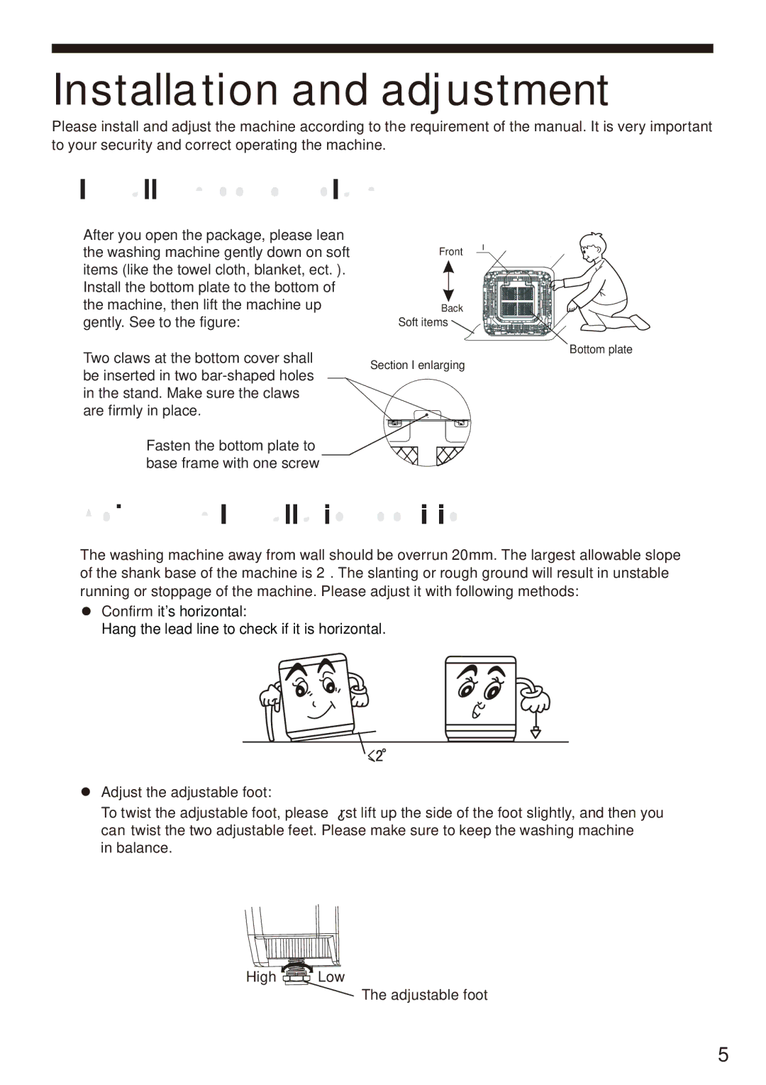 Haier HWM85-7288 user manual Installation and adjustment 