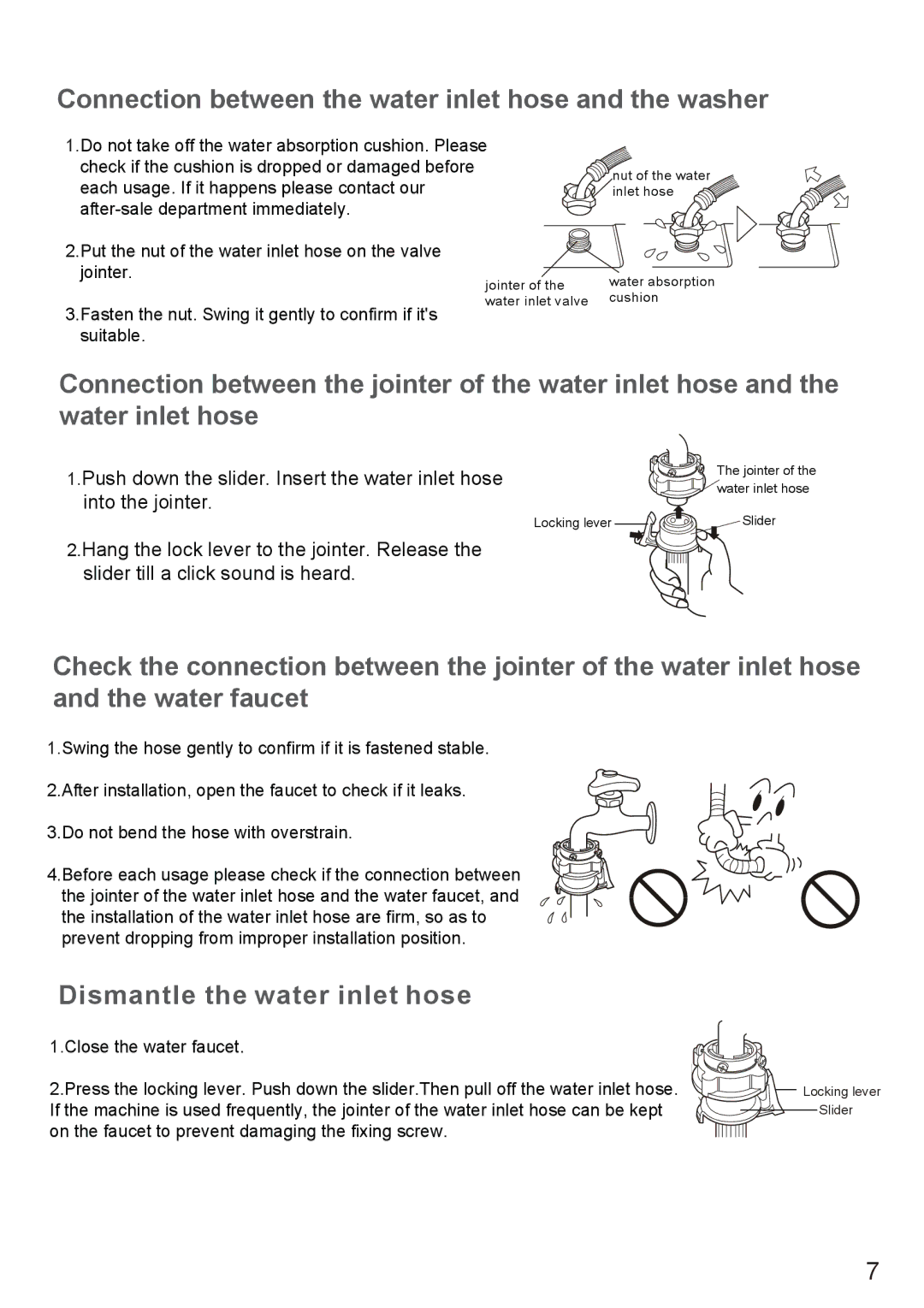 Haier HWM85-7288 user manual Connection between the water inlet hose and the washer, Dismantle the water inlet hose 