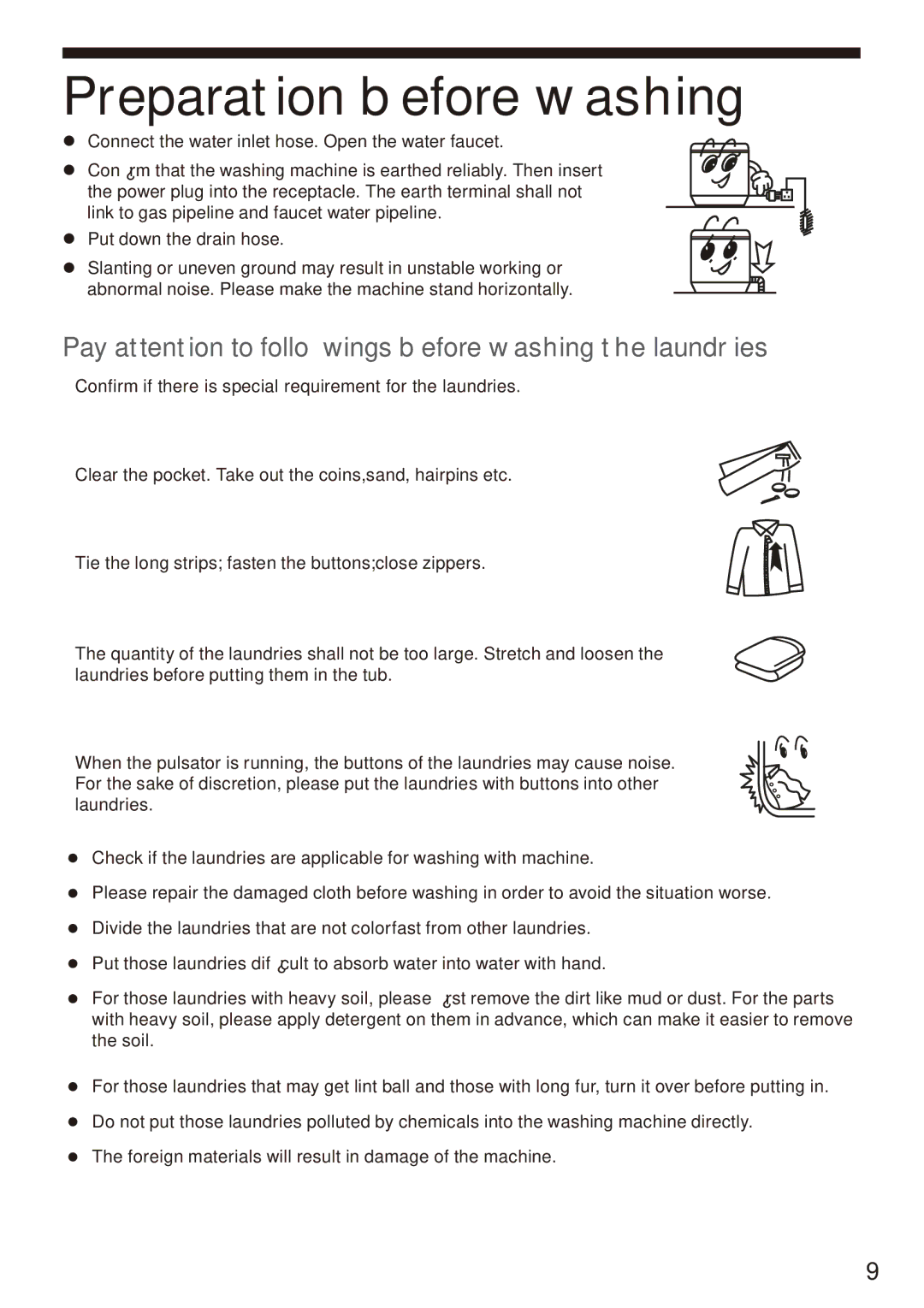 Haier HWM85-7288 user manual Preparation before washing, Pay attention to followings before washing the laundries 