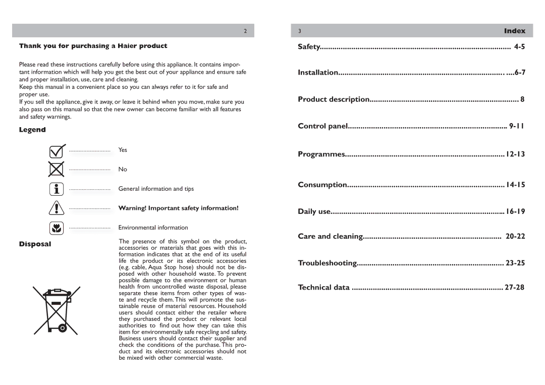 Haier HWM85-B14266, HWM75-B12266 manual Disposal, Index 