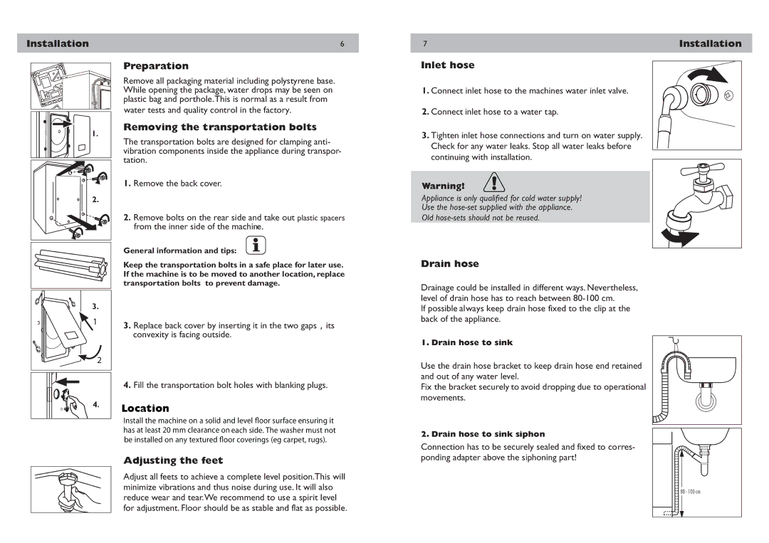 Haier HWM85-B14266 Installation Preparation, Removing the transportation bolts, Adjusting the feet, Inlet hose, Drain hose 