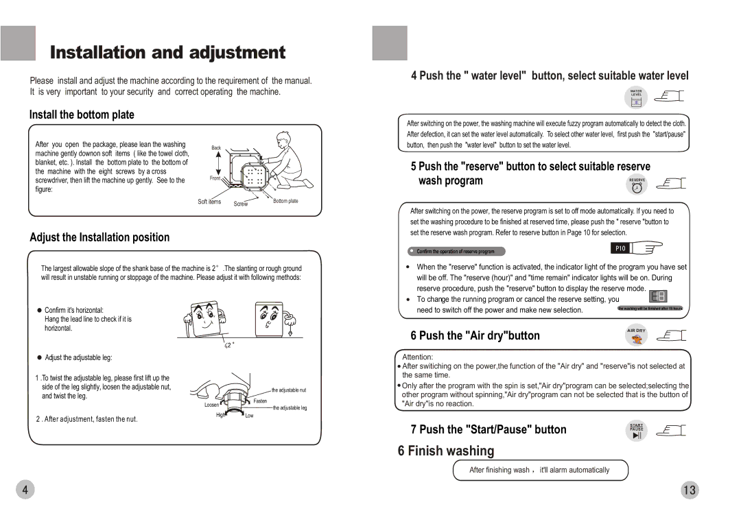 Haier HWM88-0566T Push the water level button, select suitable water level, Wash program, Push the Air drybutton 