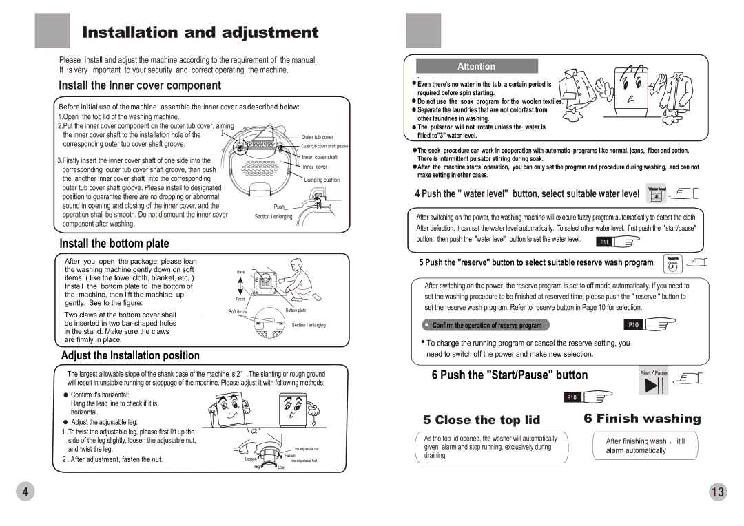 Haier HWM90-0566 user manual Installation and adjustment, Install the Inner cover component, Install the bottom plate 