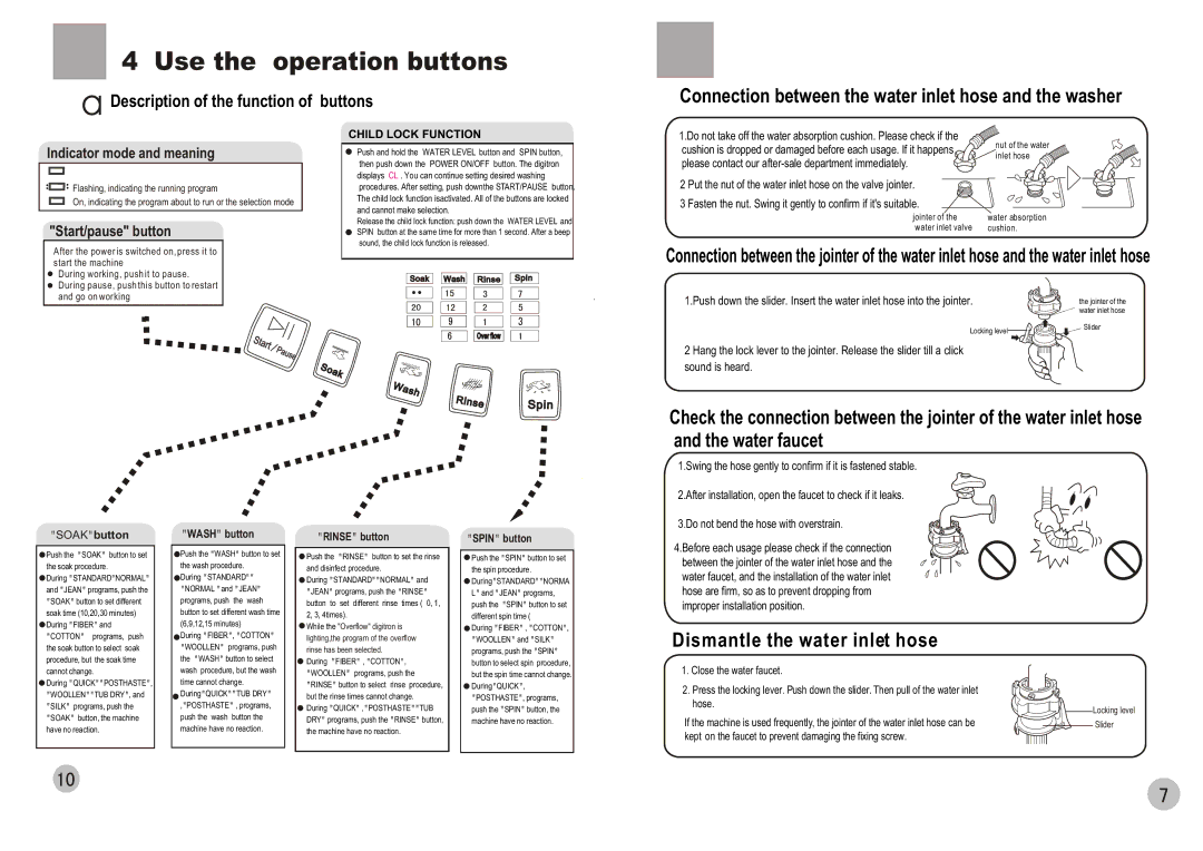 Haier HWM90-0566 user manual Use the operation buttons, Connection between the water inlet hose and the washer 