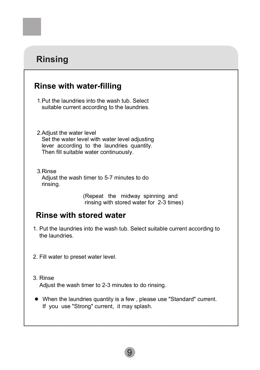 Haier HWM90-0713S user manual Rinsing, Rinse with water-filling 