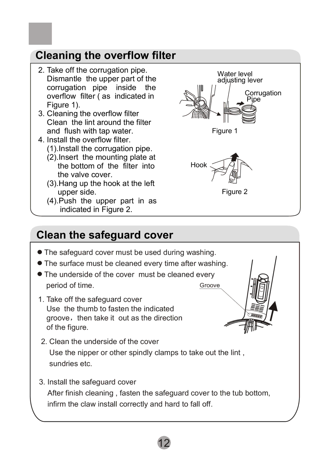 Haier HWM90-0713S user manual Cleaning the overflow filter, Clean the safeguard cover 