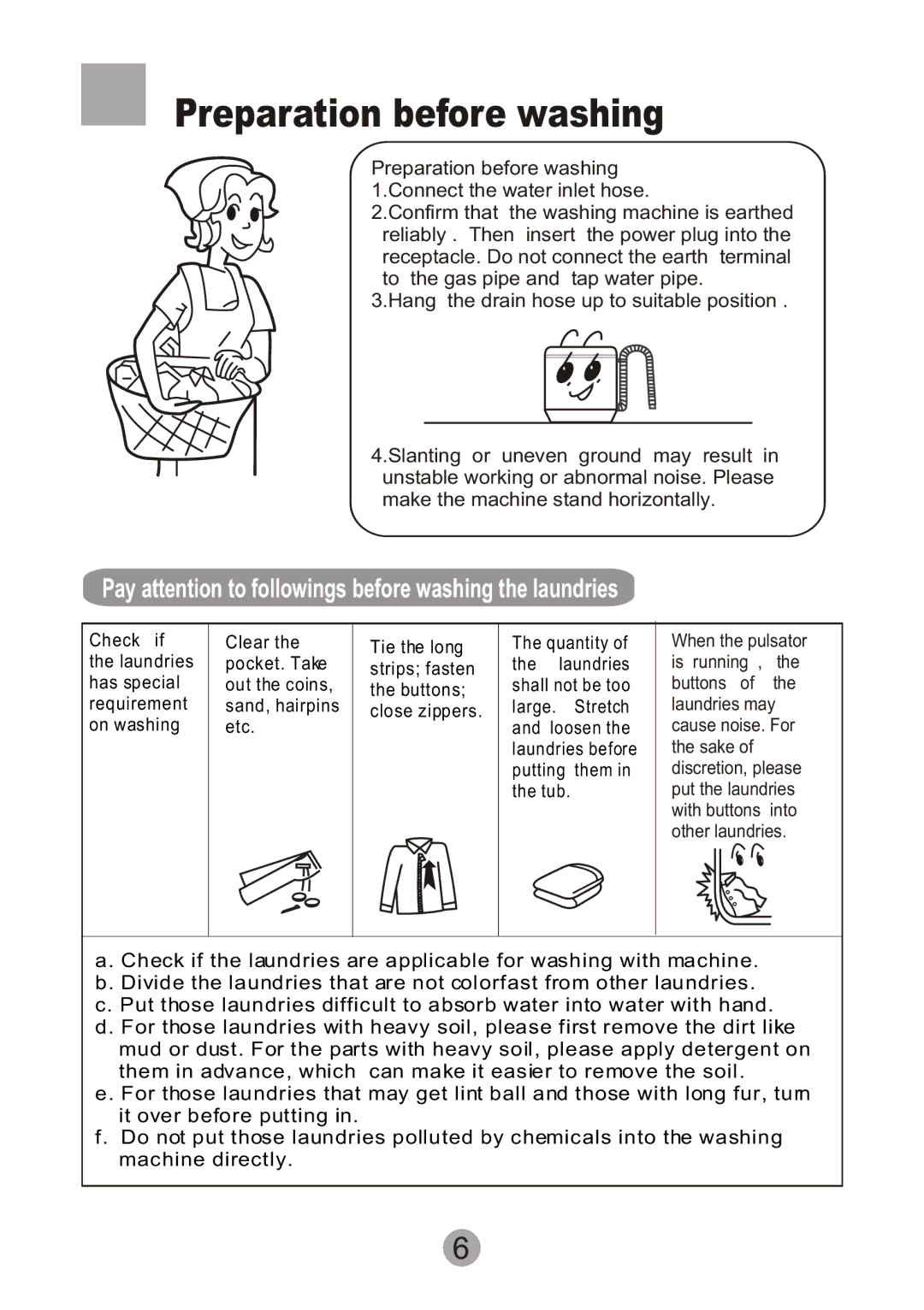 Haier HWM90-0713S user manual Preparation before washing, Pay attention to followings before washing the laundries 