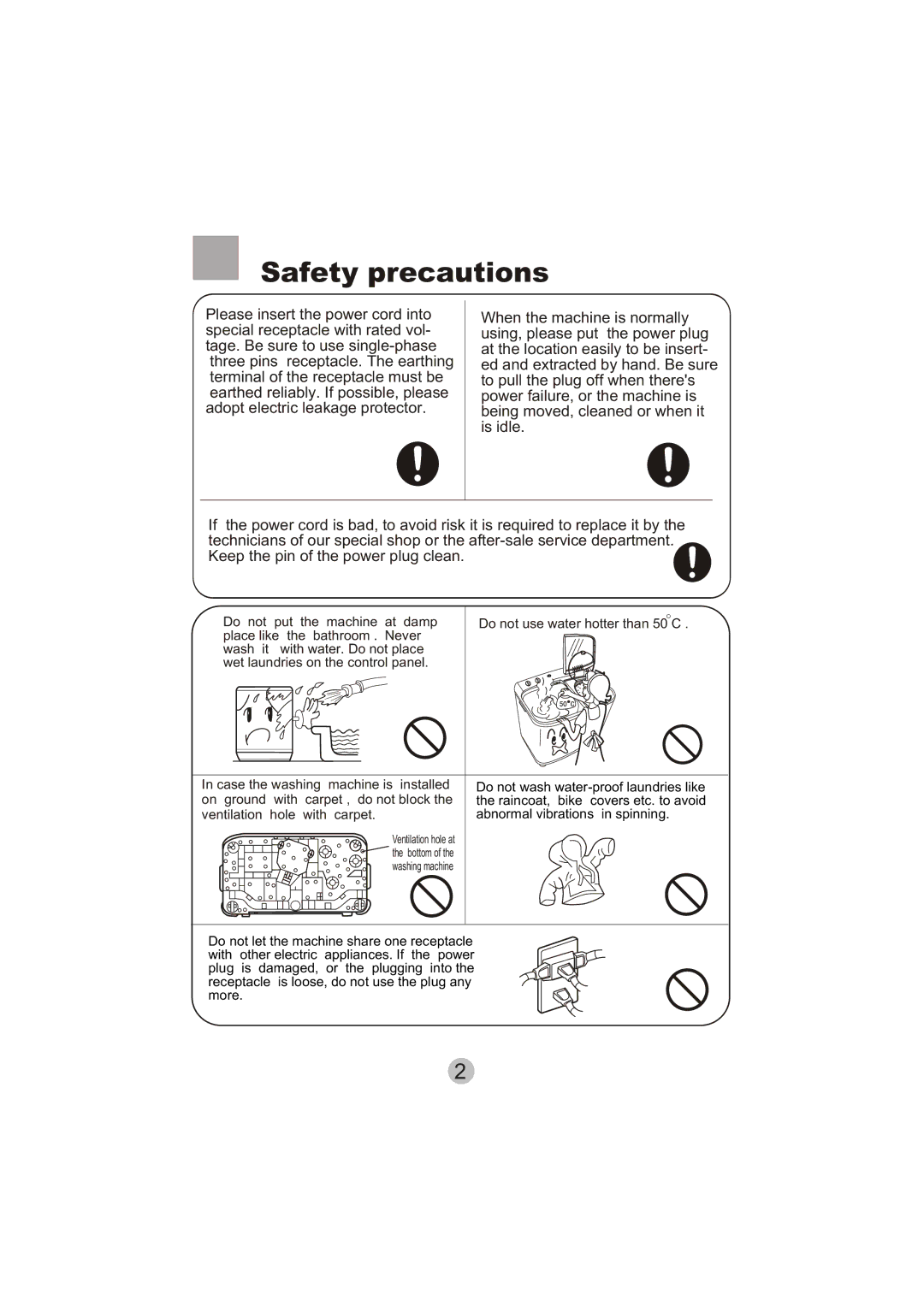 Haier HWM90-0713S user manual Safety precautions, Do not use water hotter than 50 C 