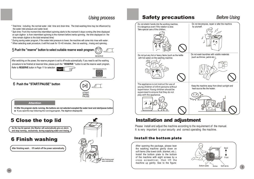 Haier HWM90-96A Usingi process, Close the top lid, Finish washing Safety precautions, Installation and adjustment 