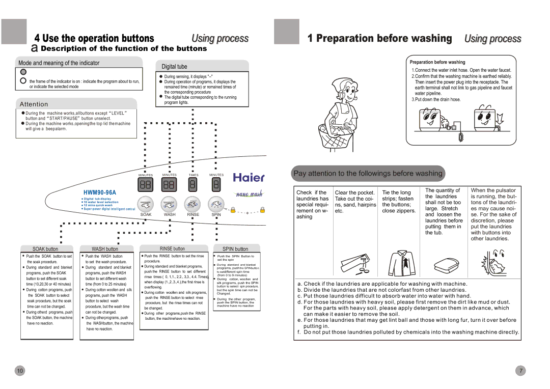 Haier HWM90-96A Using i process, Preparation before washing Usingi process, Wash button, Spin button, Rinse button 