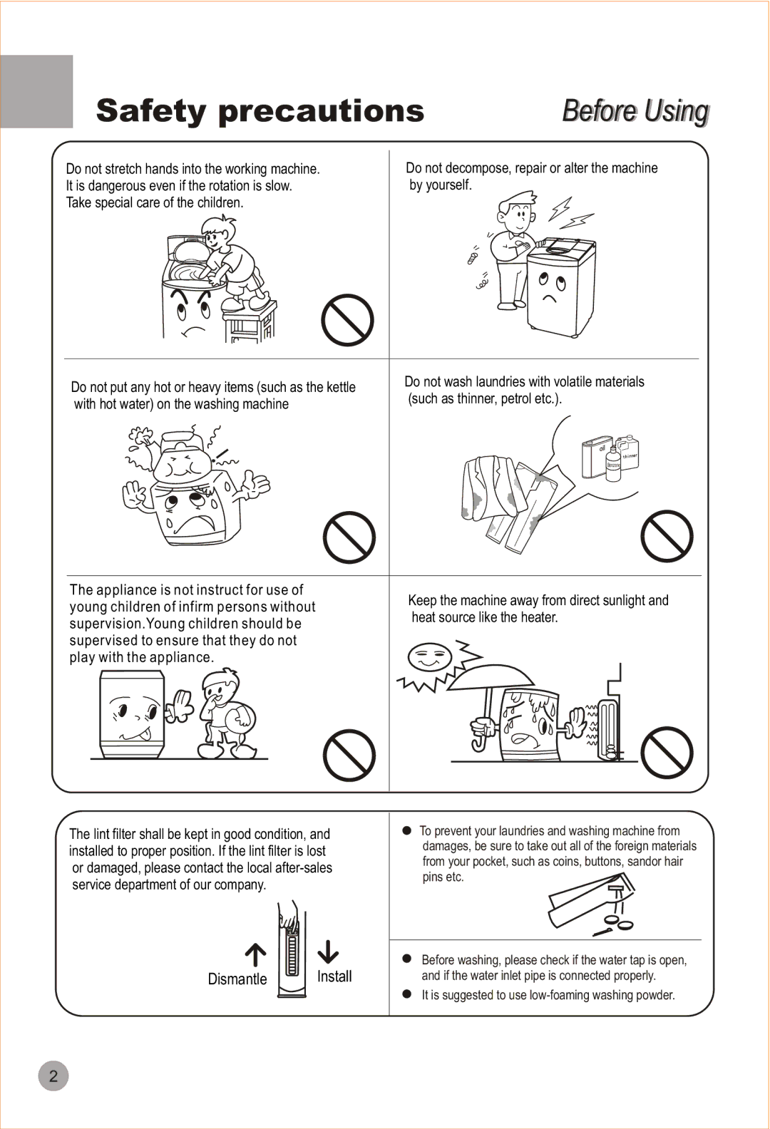 Haier HWM90-98 user manual Safety precautions, Dismantle Install 