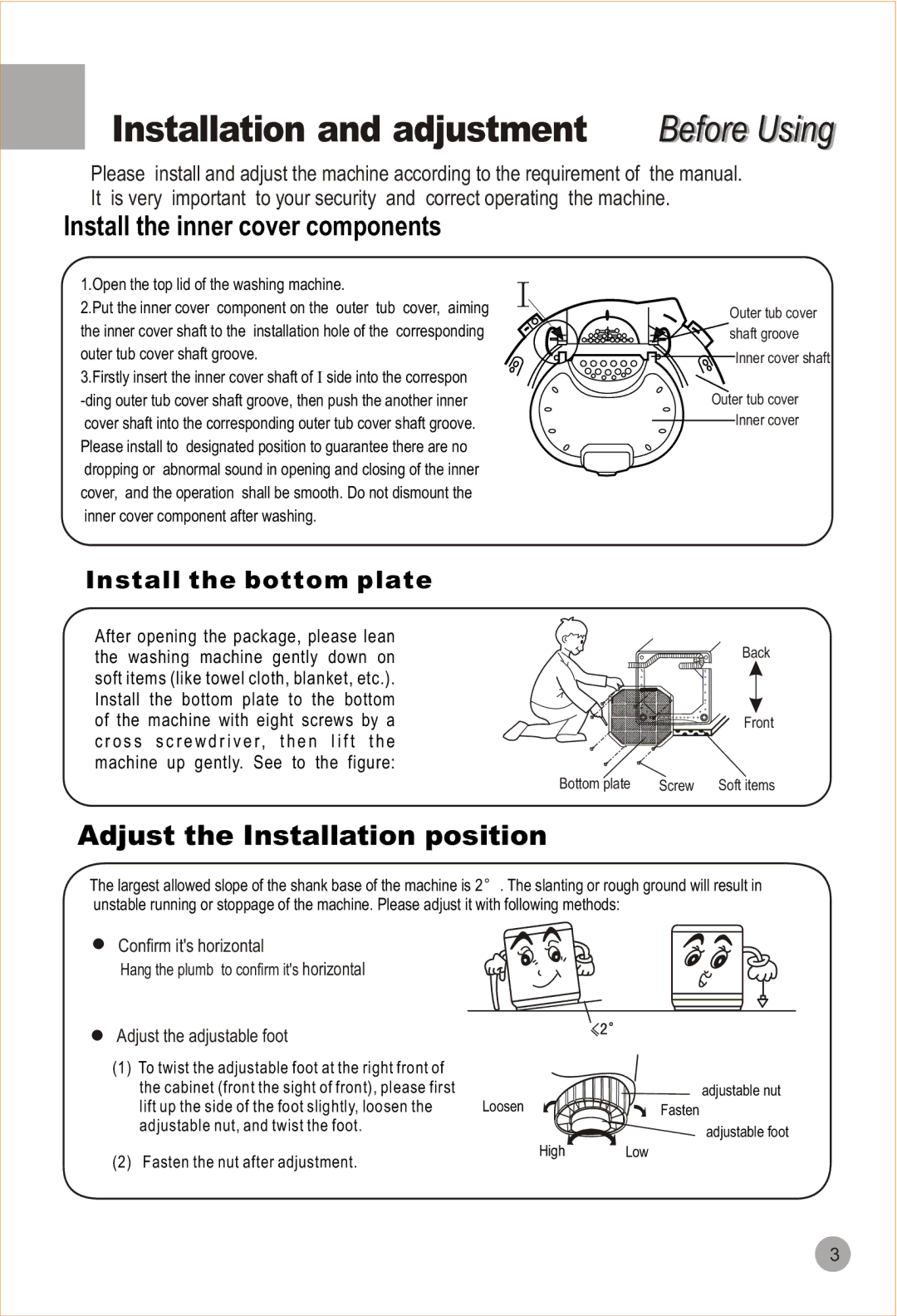 Haier HWM90-98 user manual Before Using, Install the inner cover components 