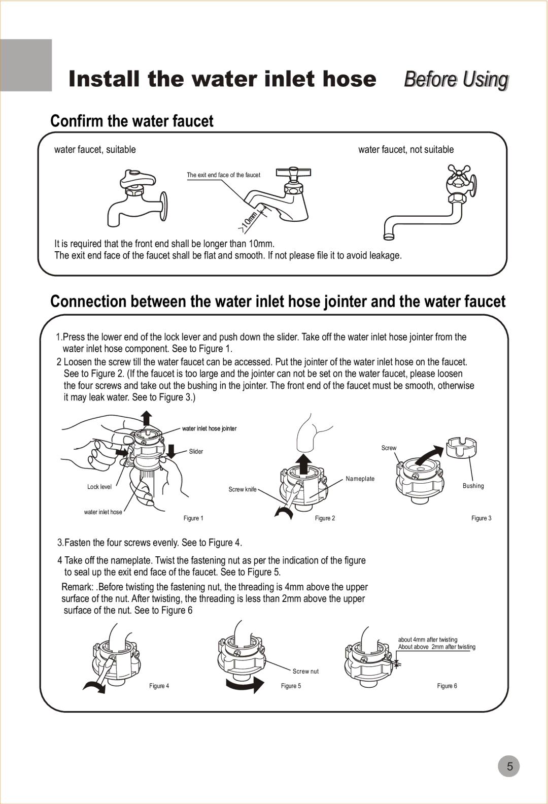 Haier HWM90-98 user manual Install the water inlet hose Before Usingi, Confirm the water faucet 