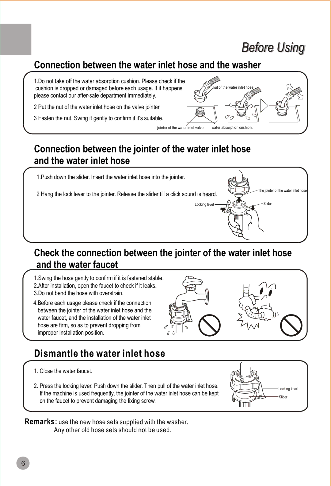 Haier HWM90-98 user manual Connection between the water inlet hose and the washer 