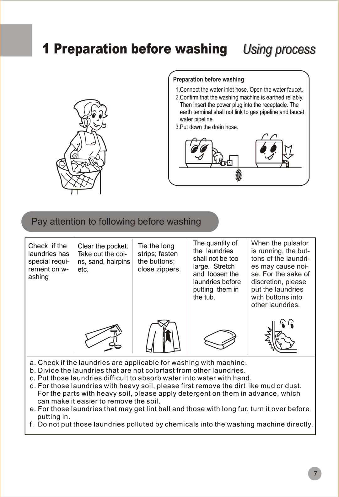 Haier HWM90-98 user manual Preparation before washing Usingi process 