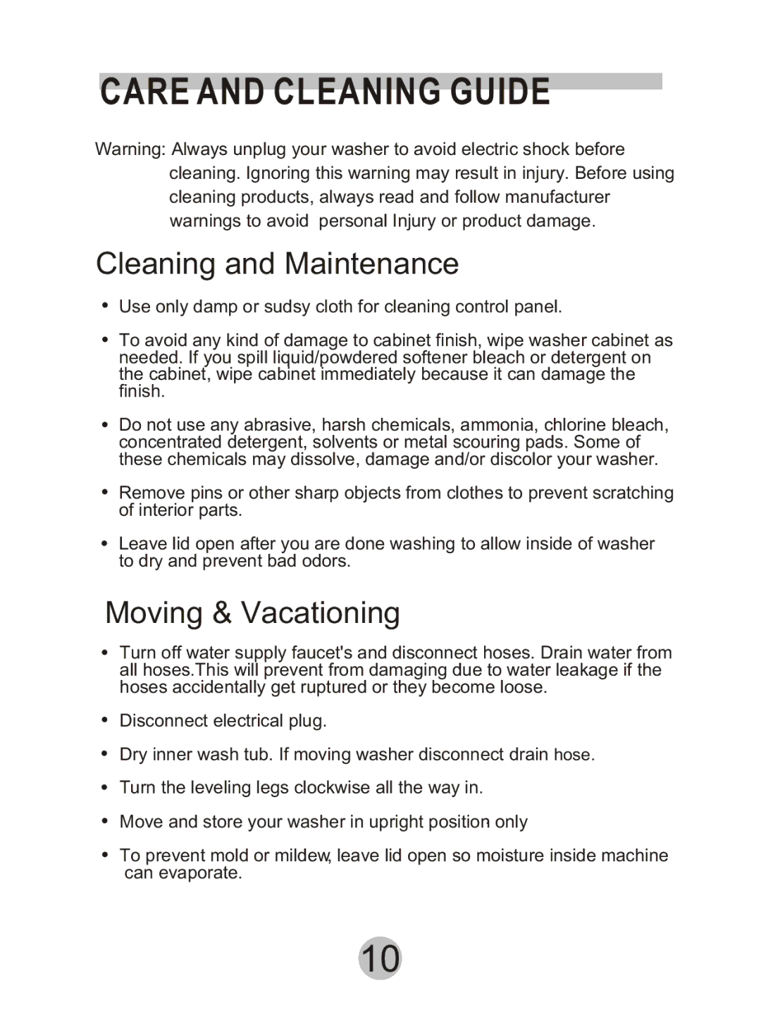 Haier HWM90DD manual Care and Cleaning Guide, Cleaning and Maintenance, Moving & Vacationing 