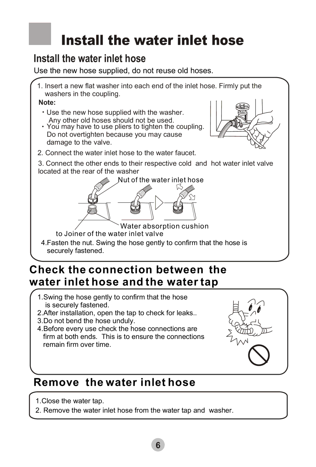 Haier HWMP55-918 user manual Install the water inlet hose, Remove the water inlet hose 