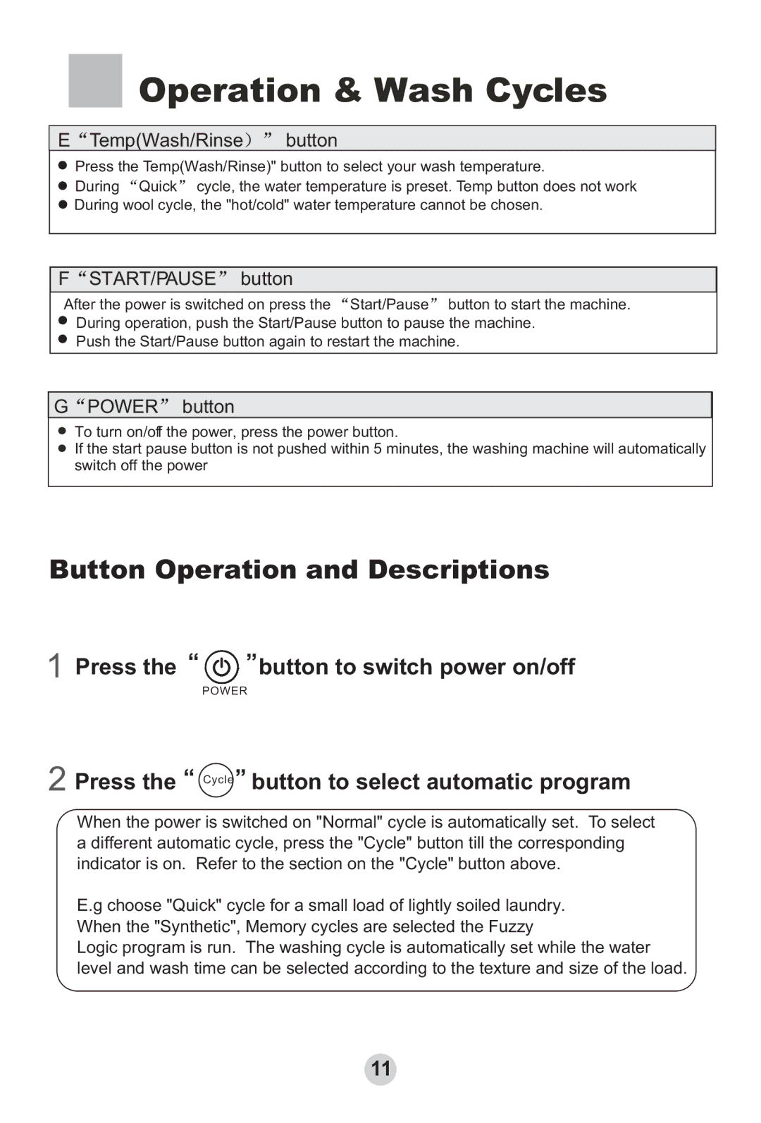 Haier HWMP65-918 user manual Button Operation and Descriptions, Press Button to switch power on/off 