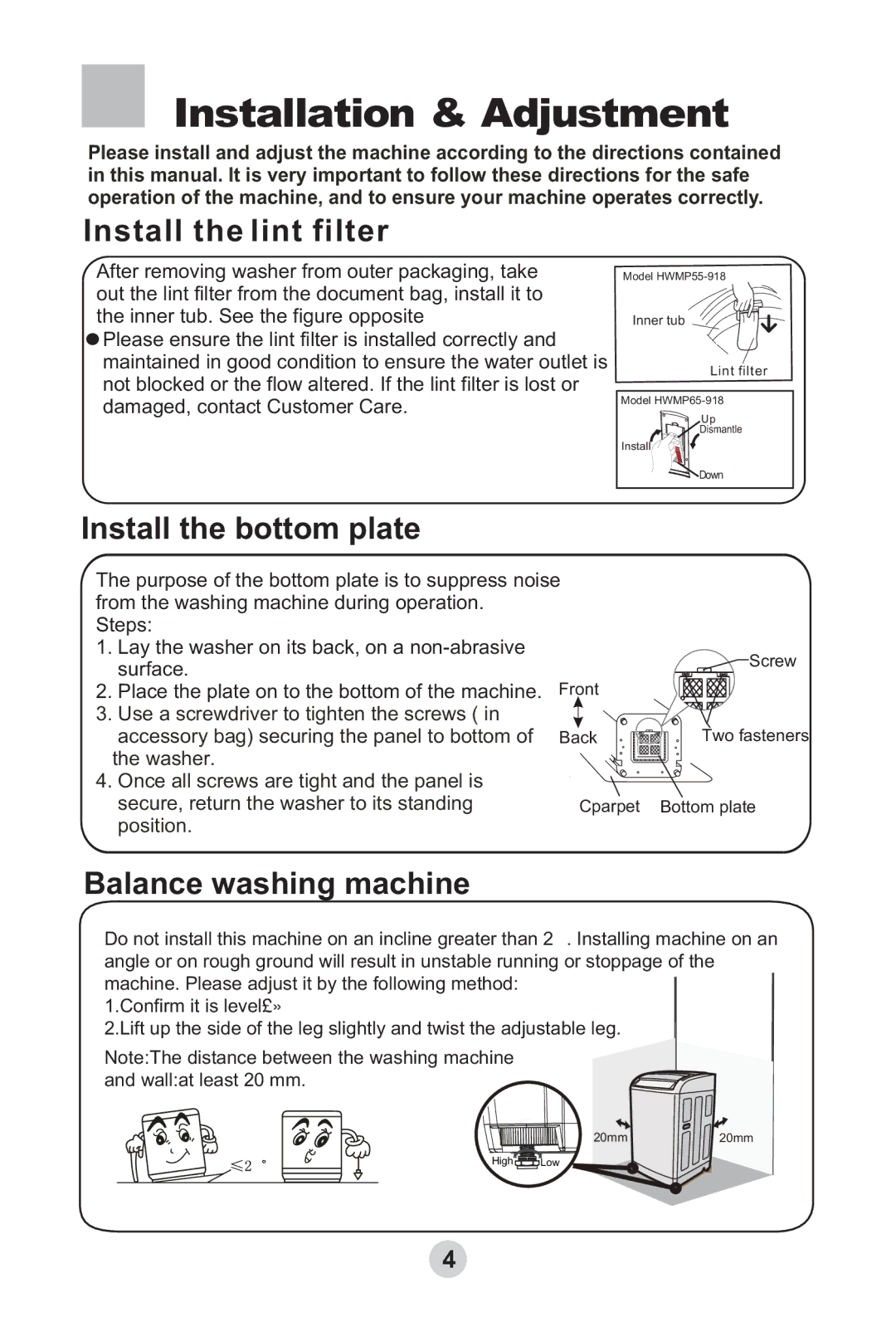 Haier HWMP65-918 Installation & Adjustment, Install the lint filter, Install the bottom plate, Balance washing machine 