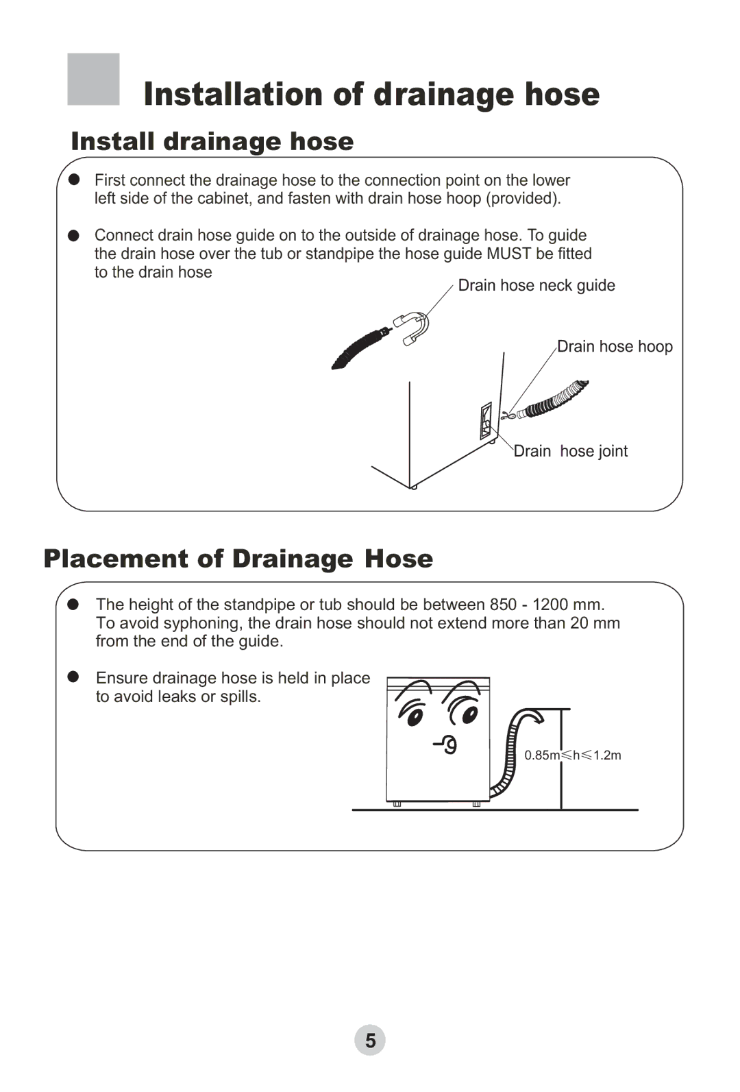 Haier HWMP65-918 user manual Installation of drainage hose, Install drainage hose, Placement of Drainage Hose 