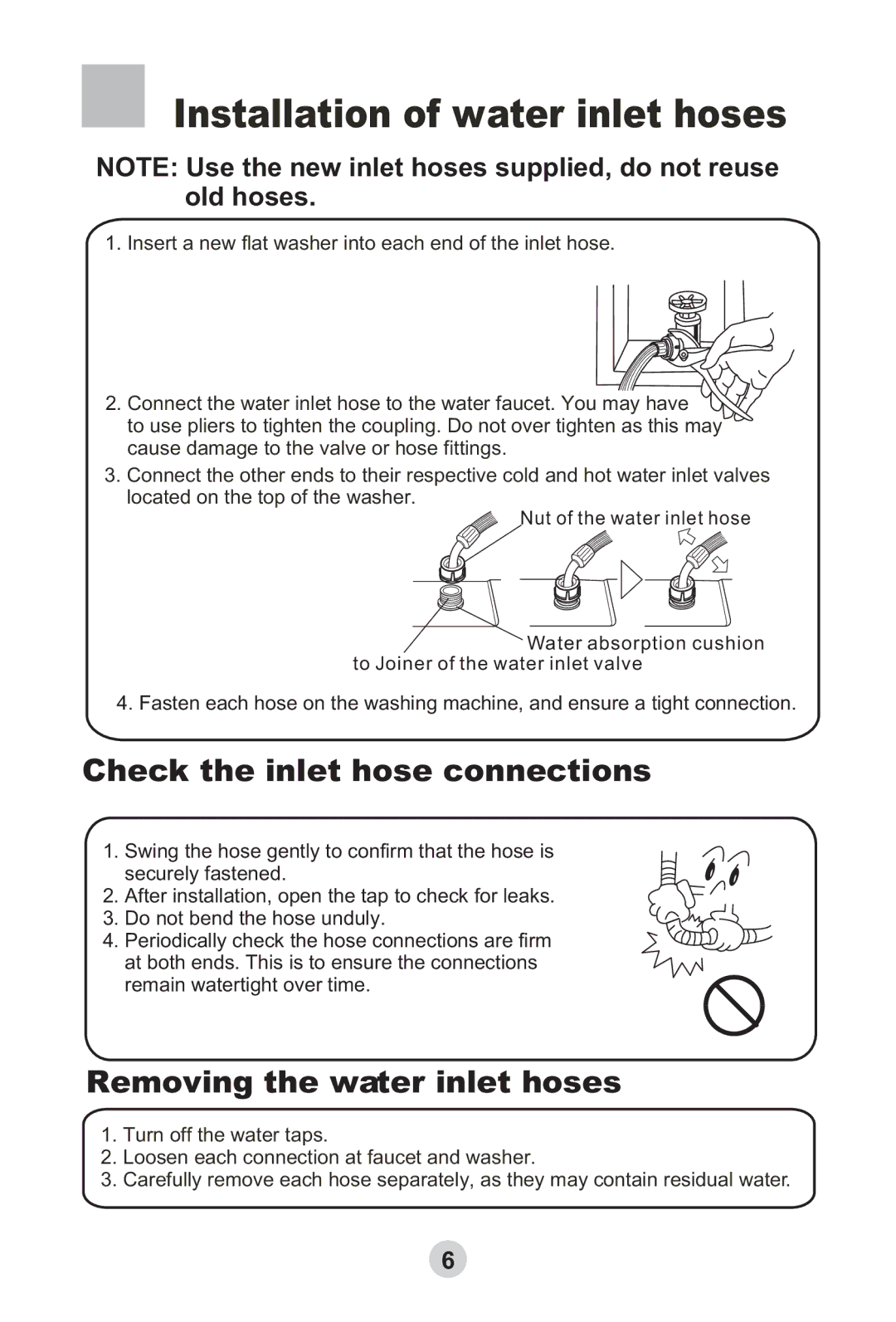 Haier HWMP65-918 Installation of water inlet hoses, Check the inlet hose connections, Removing the water inlet hoses 