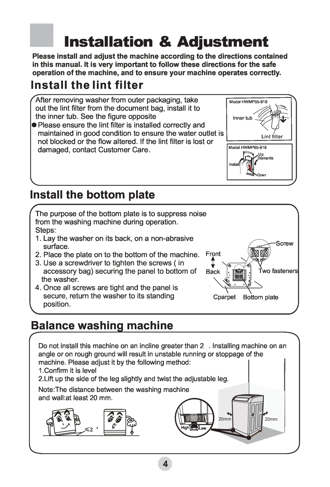 Haier HWMP65-918 Installation & Adjustment, Install the lint filter, Install the bottom plate, Balance washing machine 