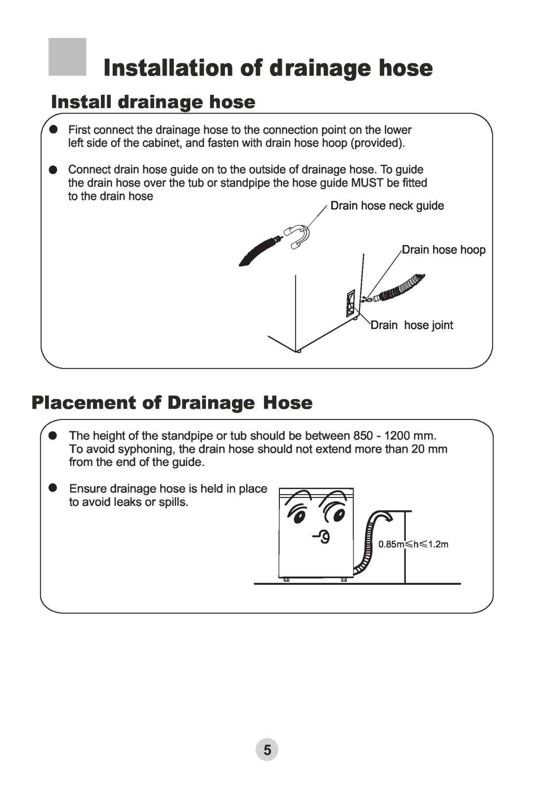 Haier HWMP65-918 user manual Installation of drainage hose, Install drainage hose, Placement of Drainage Hose 