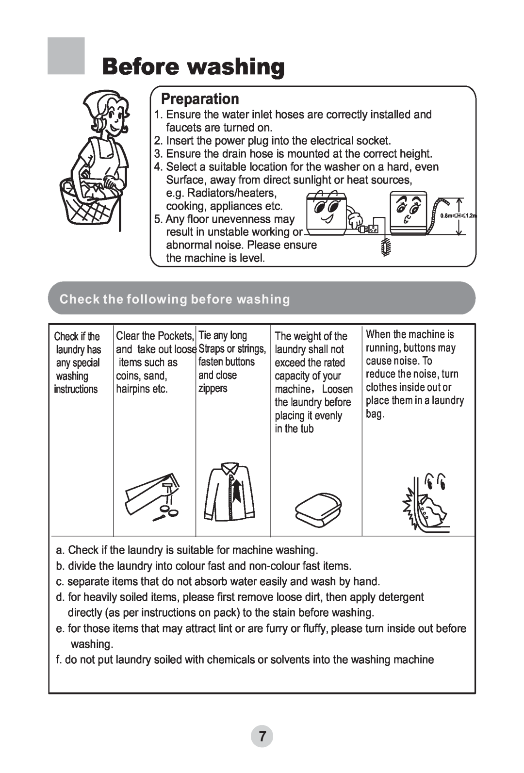 Haier HWMP65-918 user manual Before washing, Preparation, Check the following before washing 