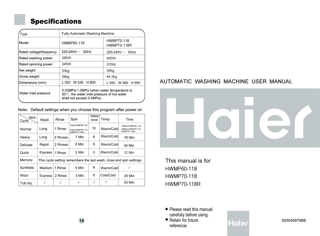 Haier user manual HWMP70-118R, 0030509798B, AUTOMATIC WASHING MACHINE USER MANUAL HWMP60-118 HWMP70-118 