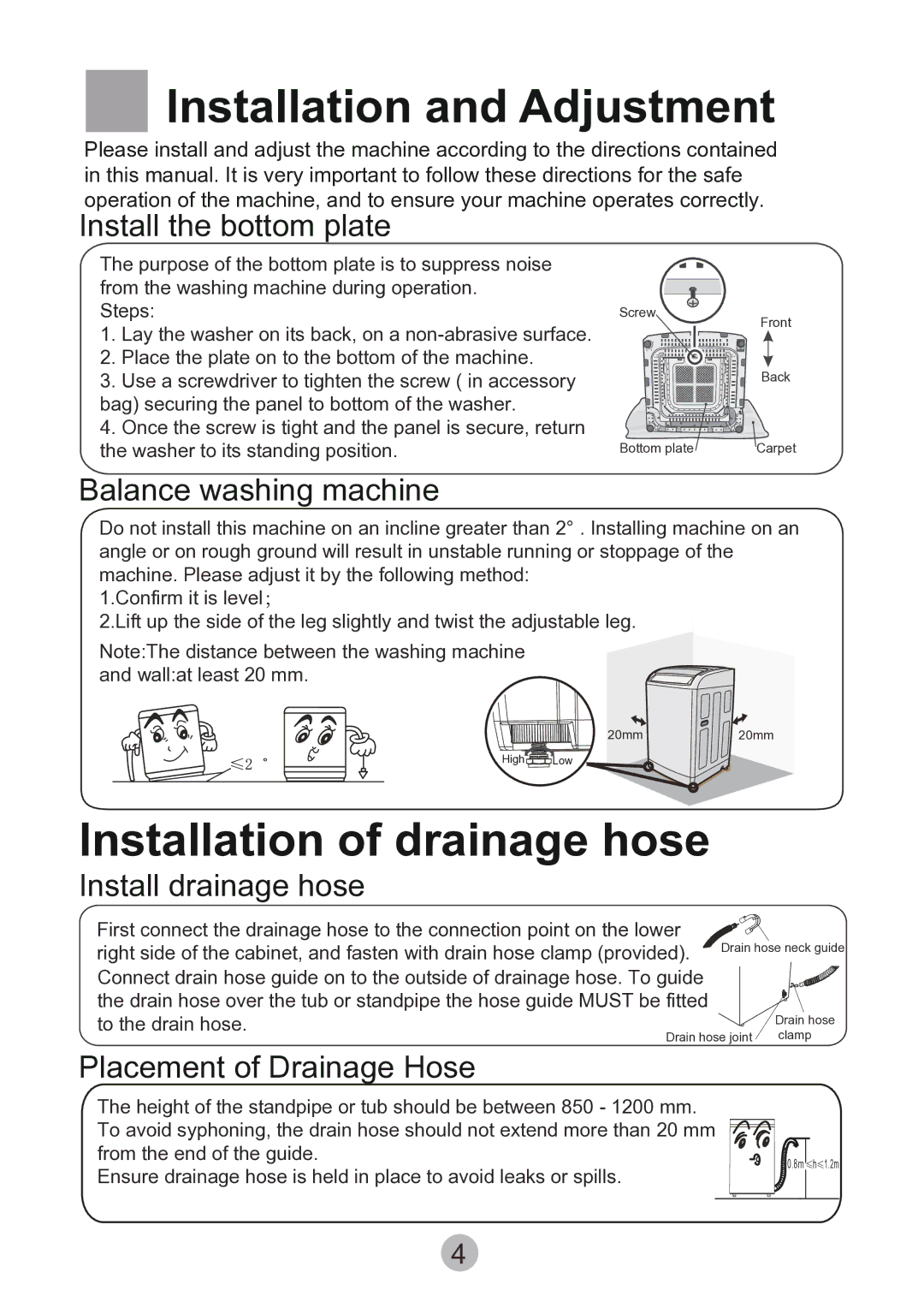 Haier HWMP75-918 user manual Installation and Adjustment, Installation of drainage hose 