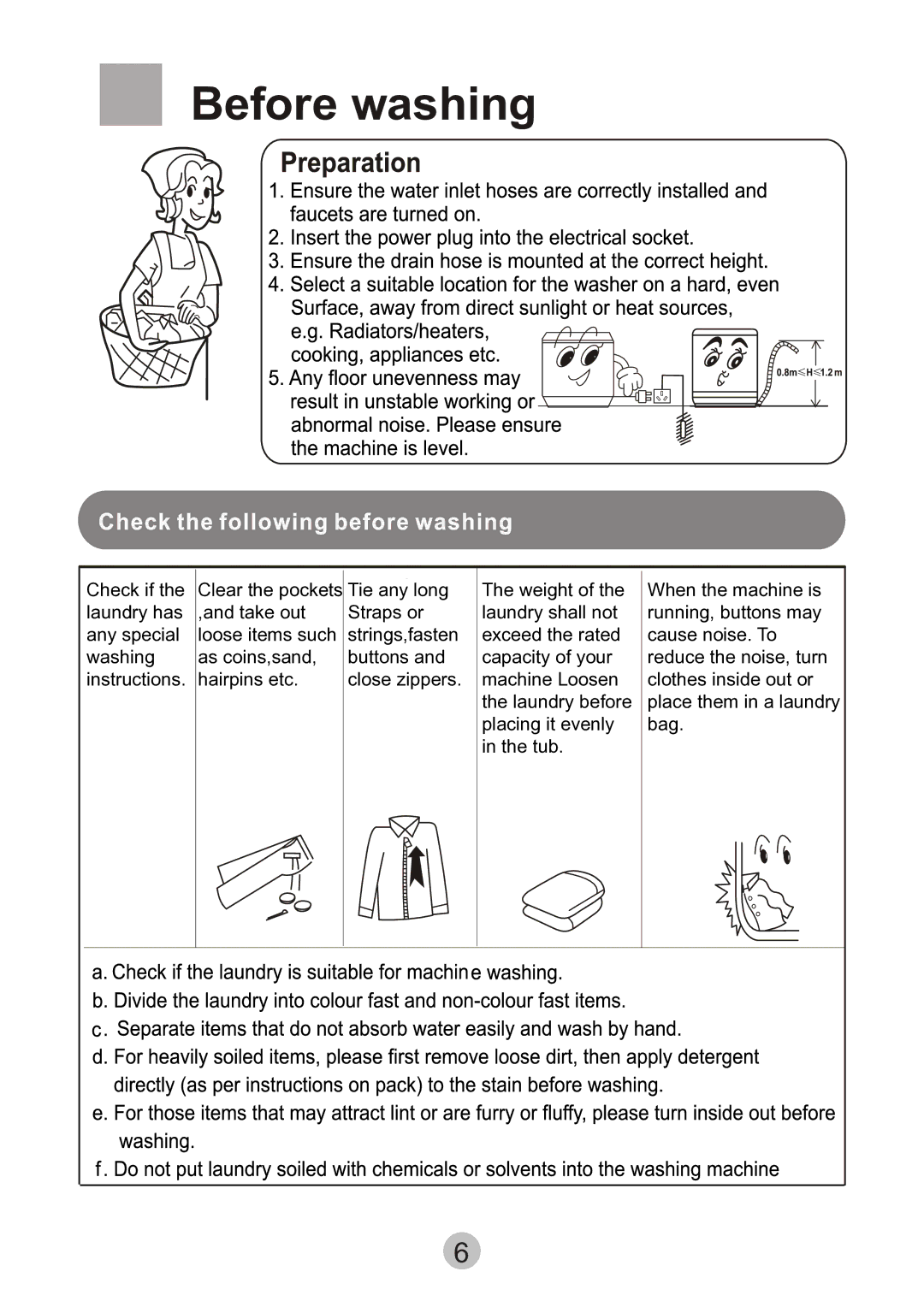 Haier HWMP75-918 user manual Before washing 